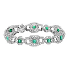 Emerald and Diamond Art Deco Style Link Bracelet in 18K White Gold