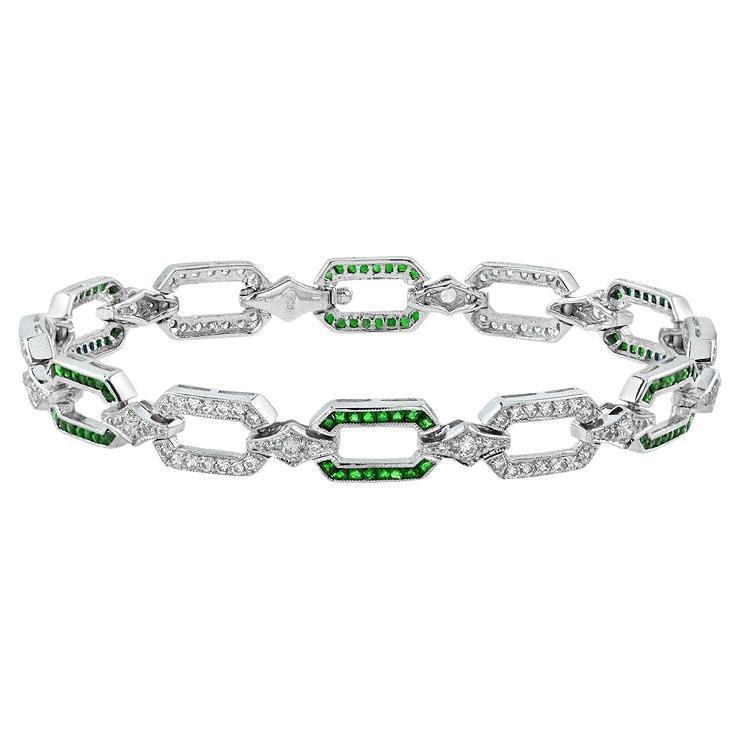 Emerald and Diamond Art Deco Style Link Bracelet in 18K White Gold