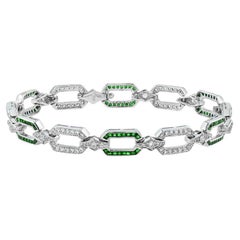 Emerald and Diamond Art Deco Style Link Bracelet in 18K White Gold