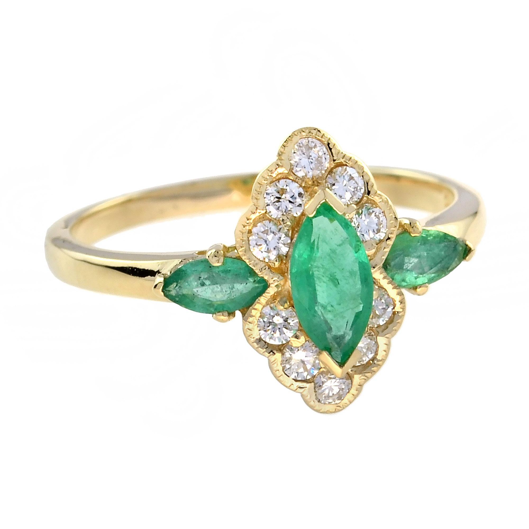 Taille Marquise Bague de forme marquise en or jaune 14 carats, émeraude et diamant de style Art déco en vente