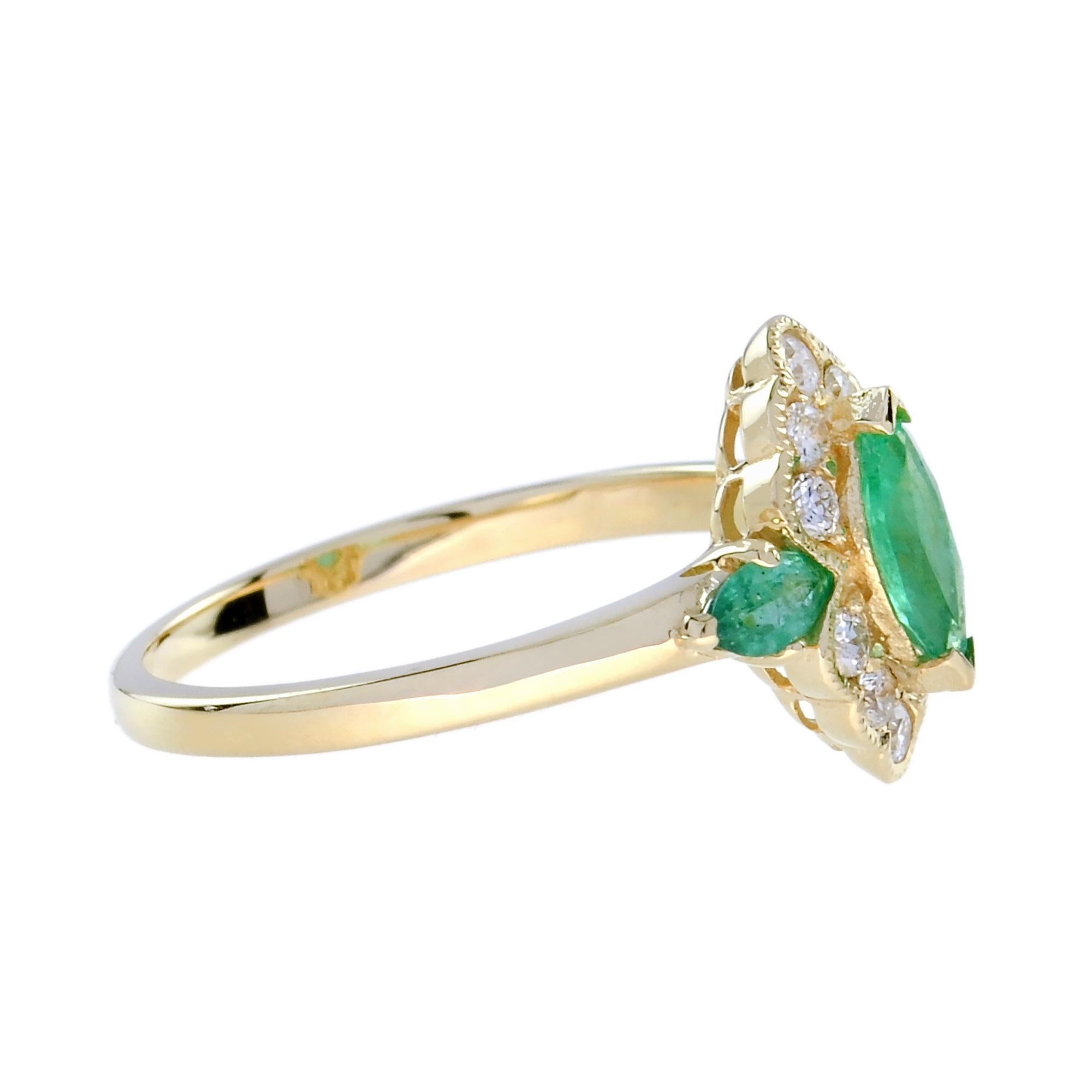 Bague de forme marquise en or jaune 14 carats, émeraude et diamant de style Art déco Neuf - En vente à Bangkok, TH