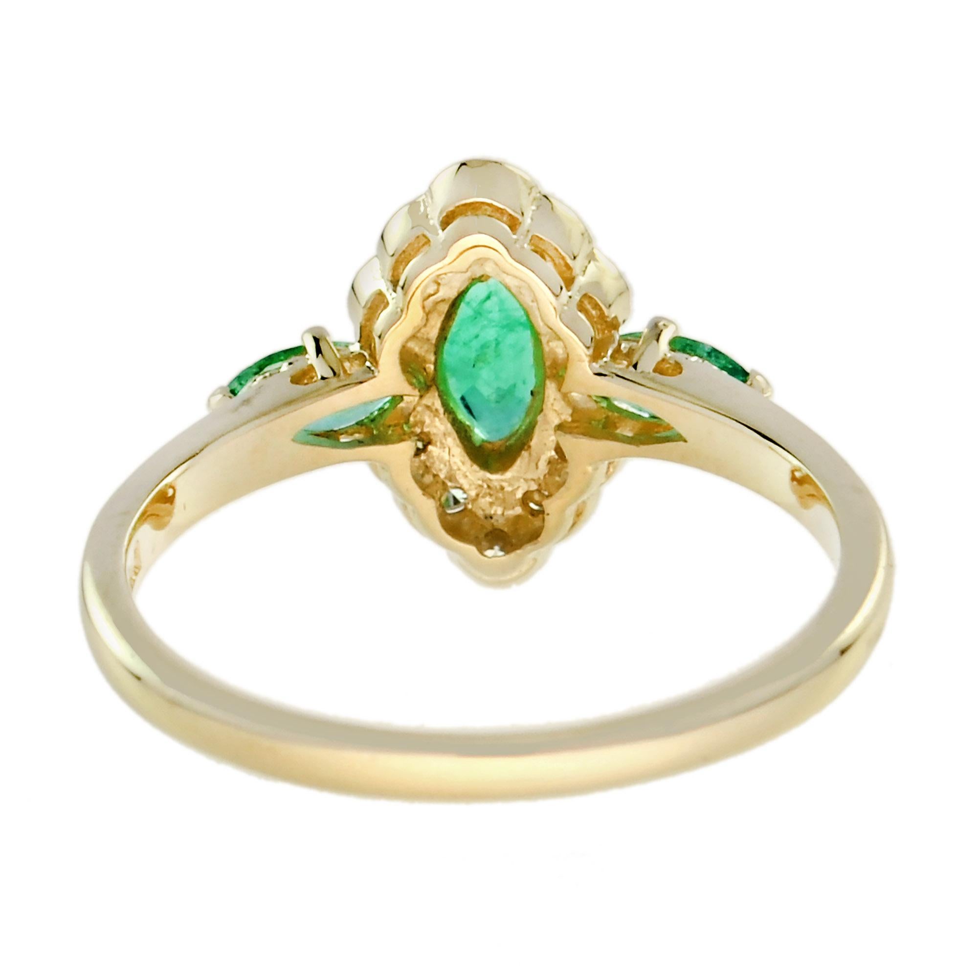 Bague de forme marquise en or jaune 14 carats, émeraude et diamant de style Art déco Pour femmes en vente