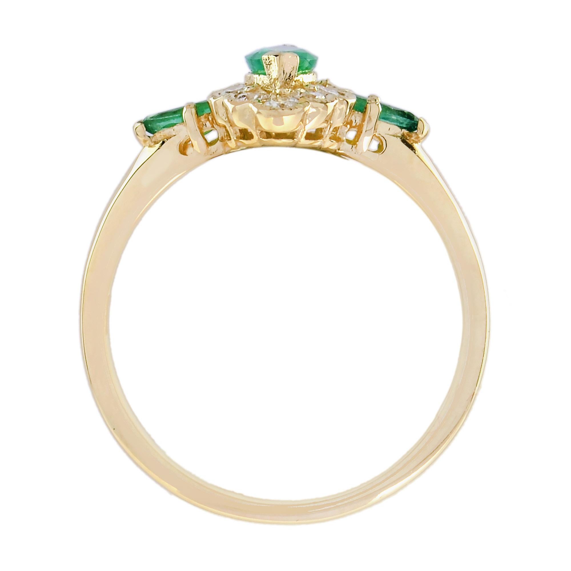 Bague de forme marquise en or jaune 14 carats, émeraude et diamant de style Art déco en vente 1