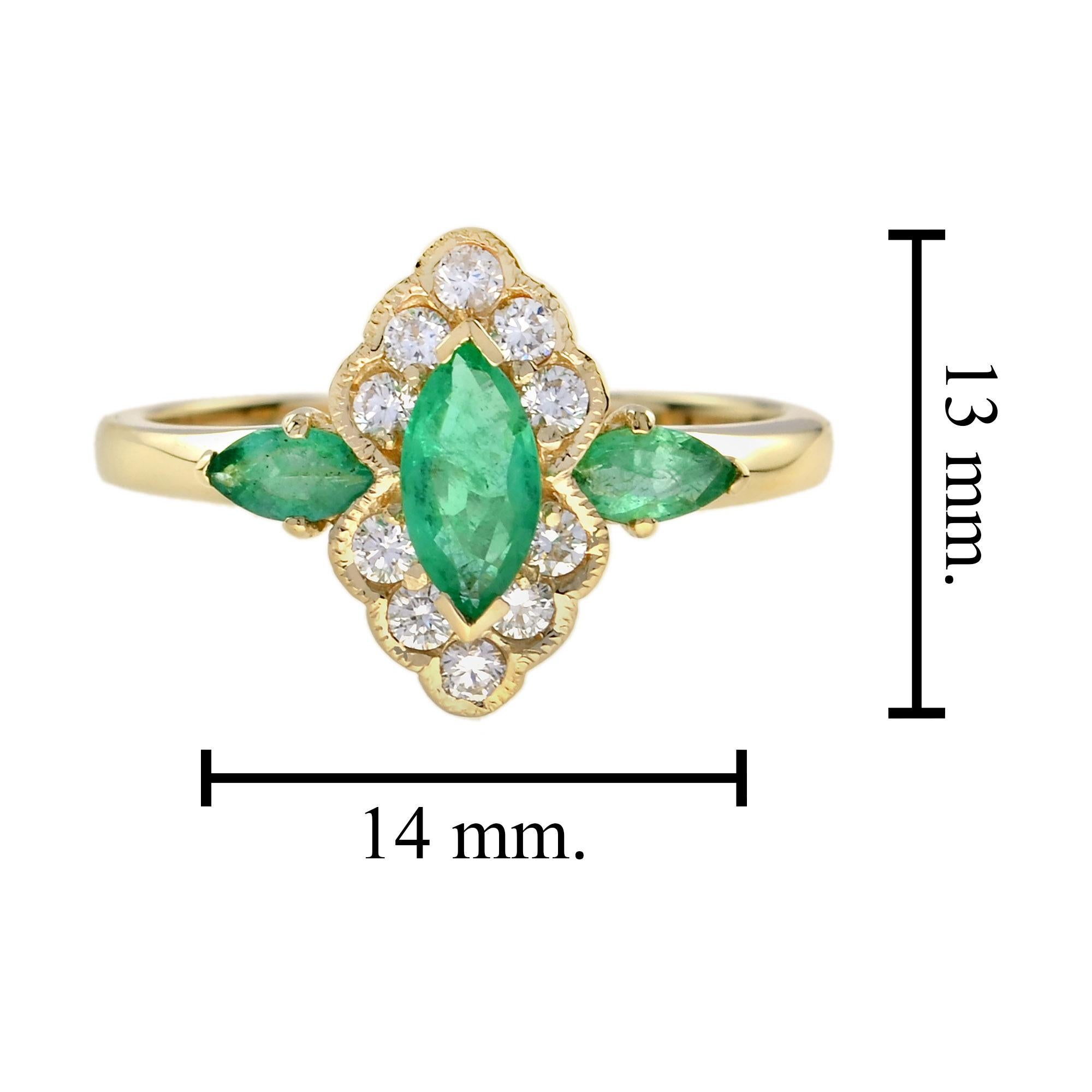 Bague de forme marquise en or jaune 14 carats, émeraude et diamant de style Art déco en vente 2