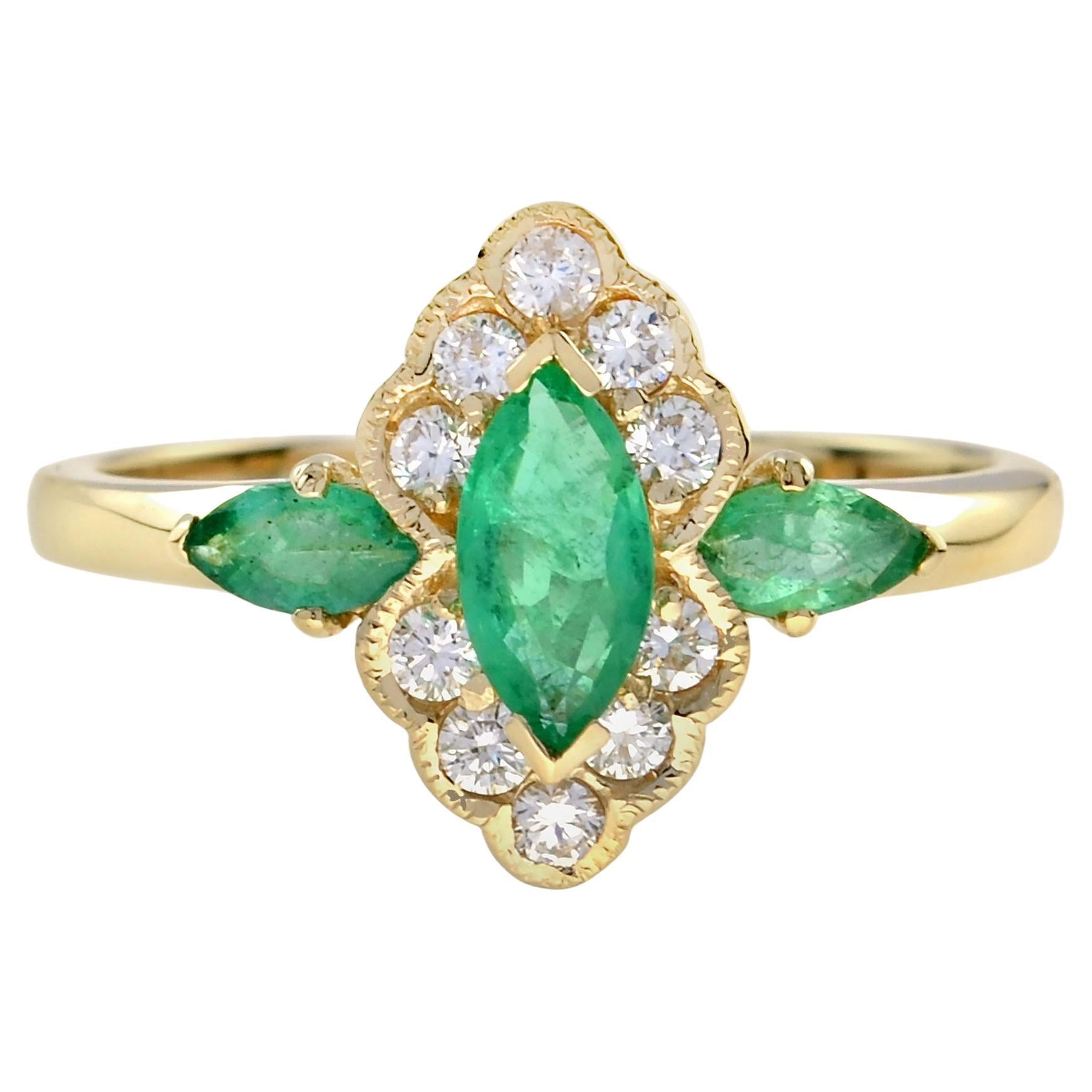 Emerald and Diamond Art Deco Style Marquise Shape Ring in 14K Yellow Gold