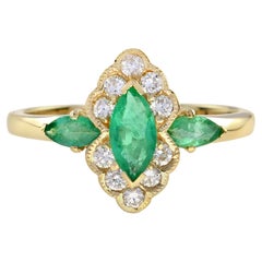 Emerald and Diamond Art Deco Style Marquise Shape Ring in 14K Yellow Gold