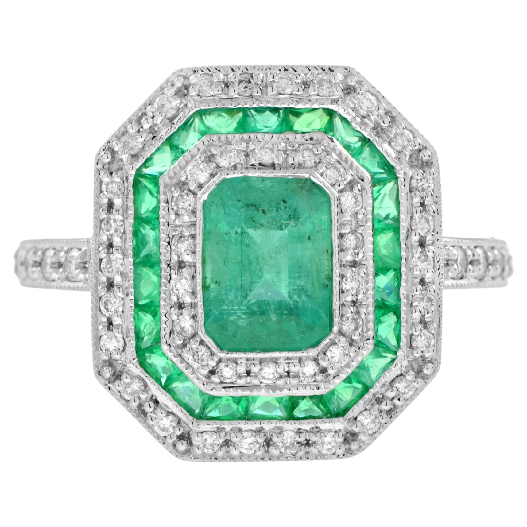 Customizable Diamond and Emerald Art Deco Style Octagon Target Ring in ...