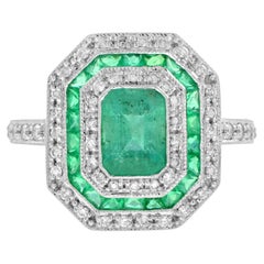 Emerald and Diamond Art Deco Style Octagonal Engagement Ring in 18k White Gold