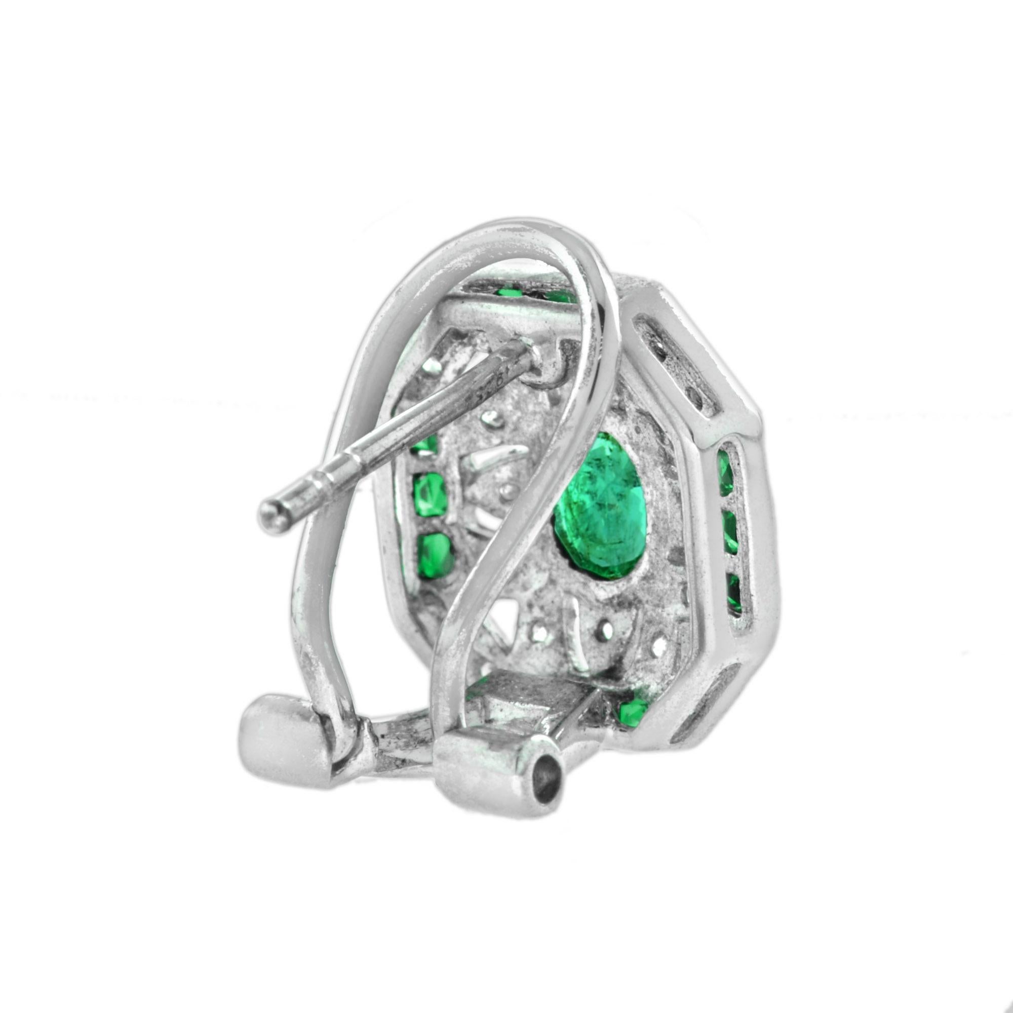 Emerald and Diamond Art Deco Style Omega Earrings in 18K White Gold In New Condition For Sale In Bangkok, TH