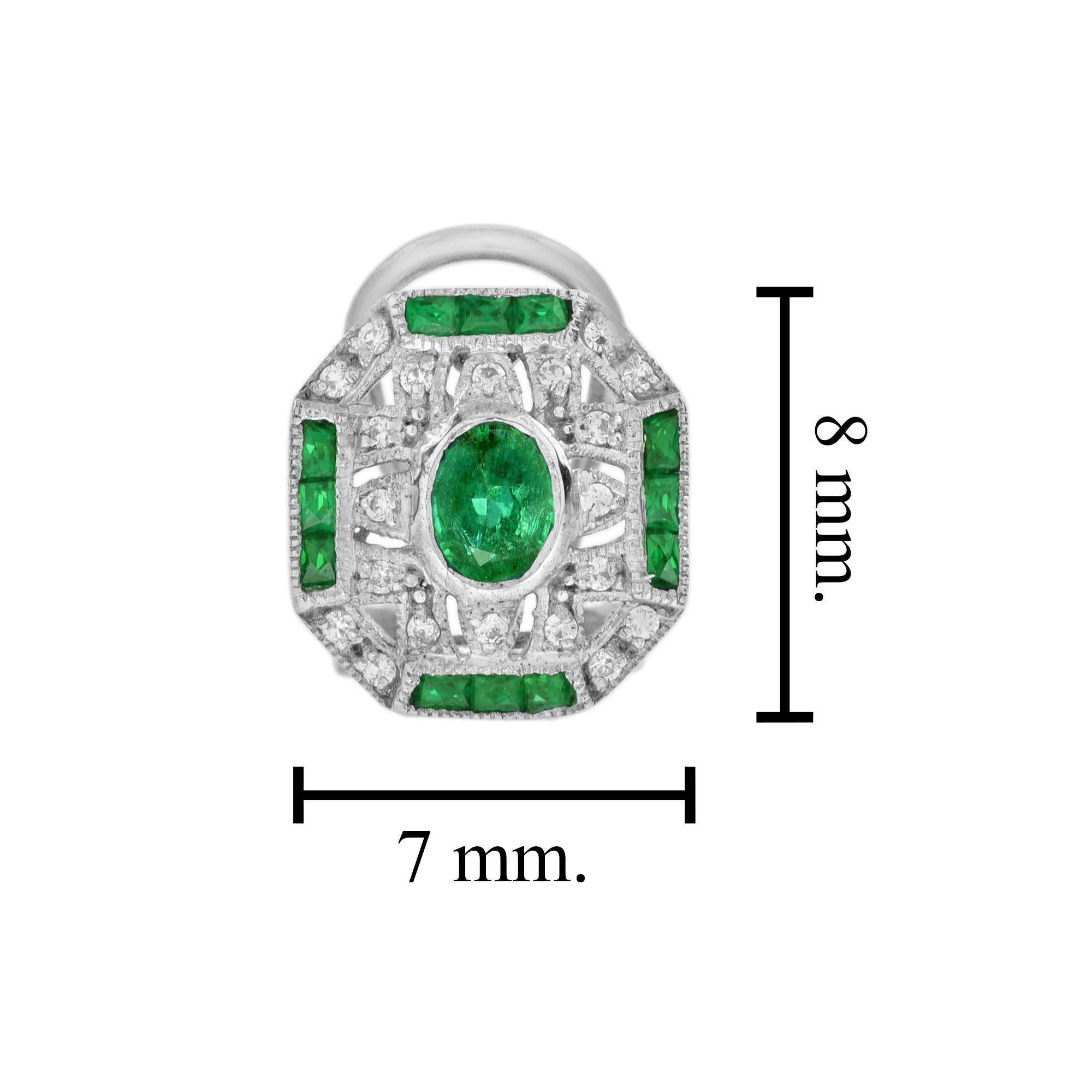 Women's Emerald and Diamond Art Deco Style Omega Earrings in 18K White Gold For Sale