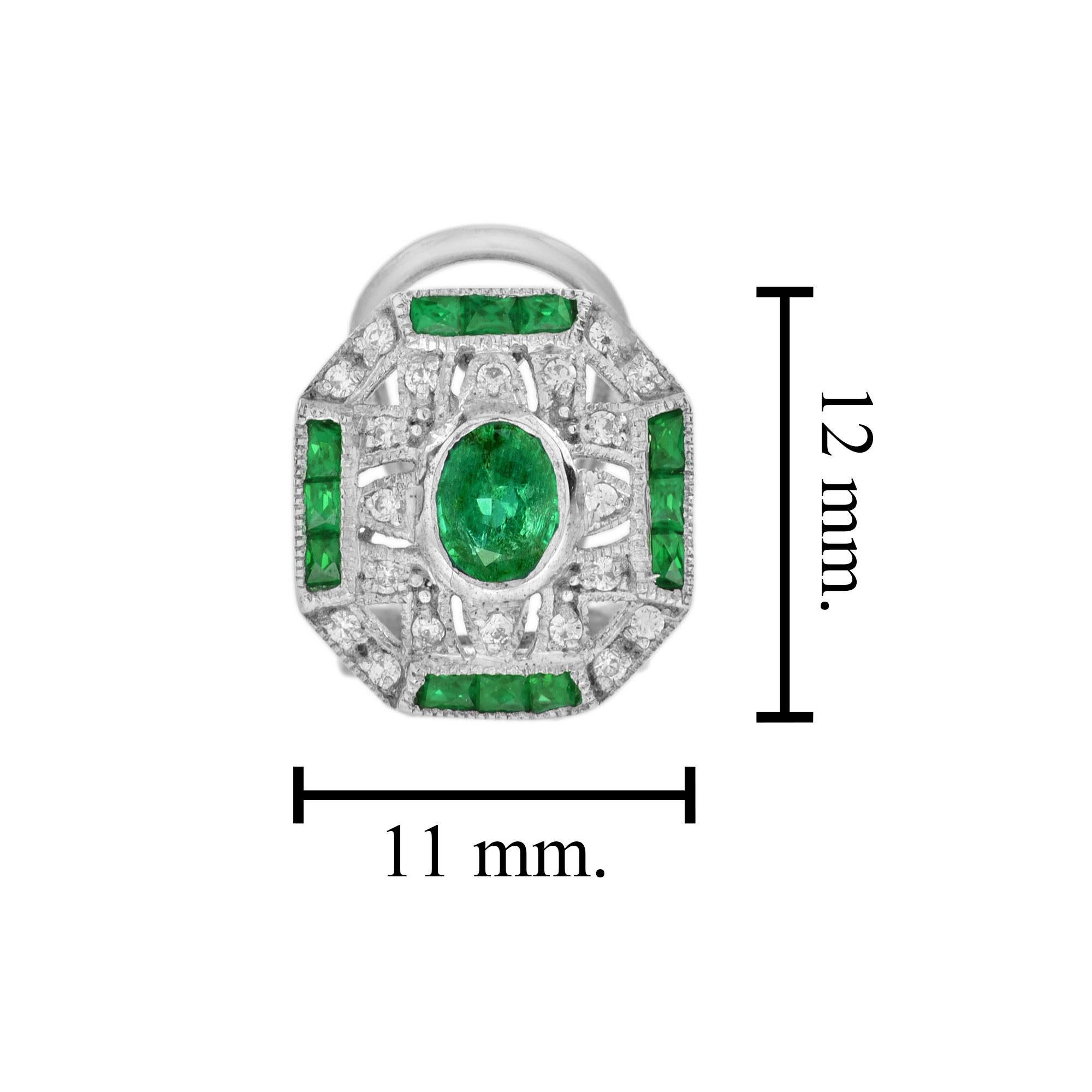 Emerald and Diamond Art Deco Style Omega Earrings in 18K White Gold For Sale 1