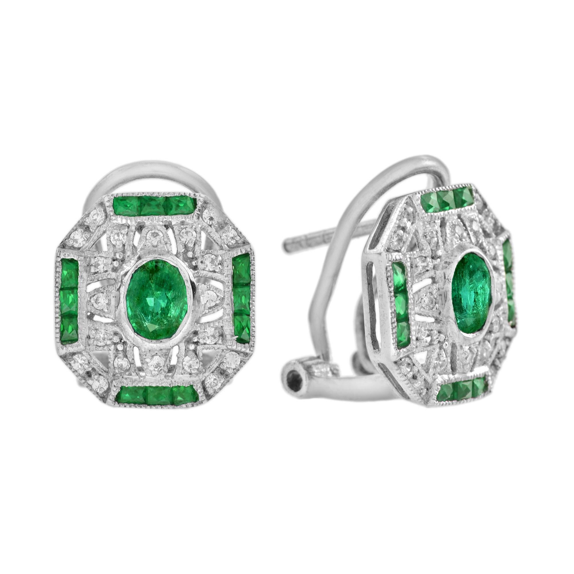 Emerald and Diamond Art Deco Style Omega Earrings in 18K White Gold For Sale