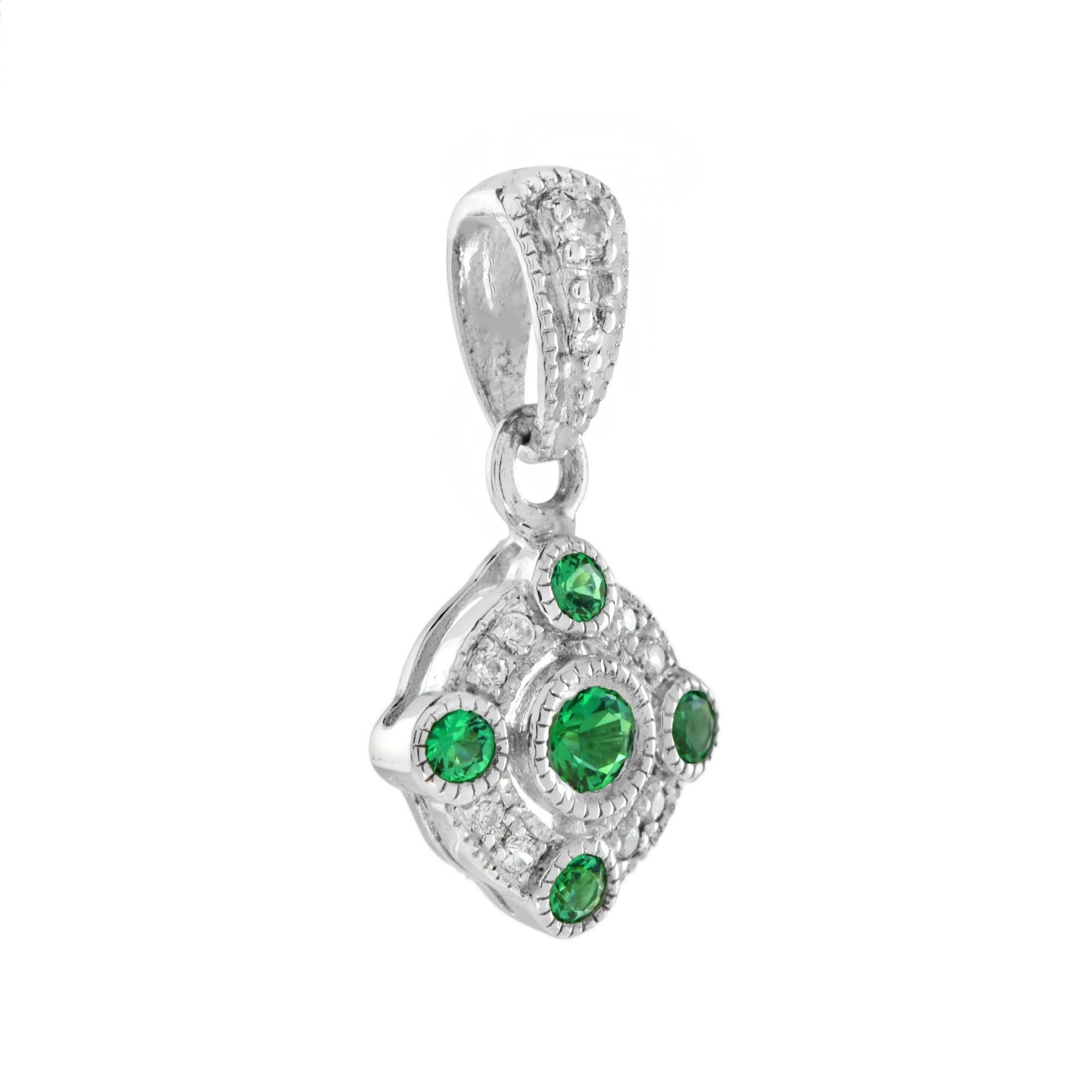 Round Cut Emerald and Diamond Art Deco Style Pendant in 18K White Gold For Sale