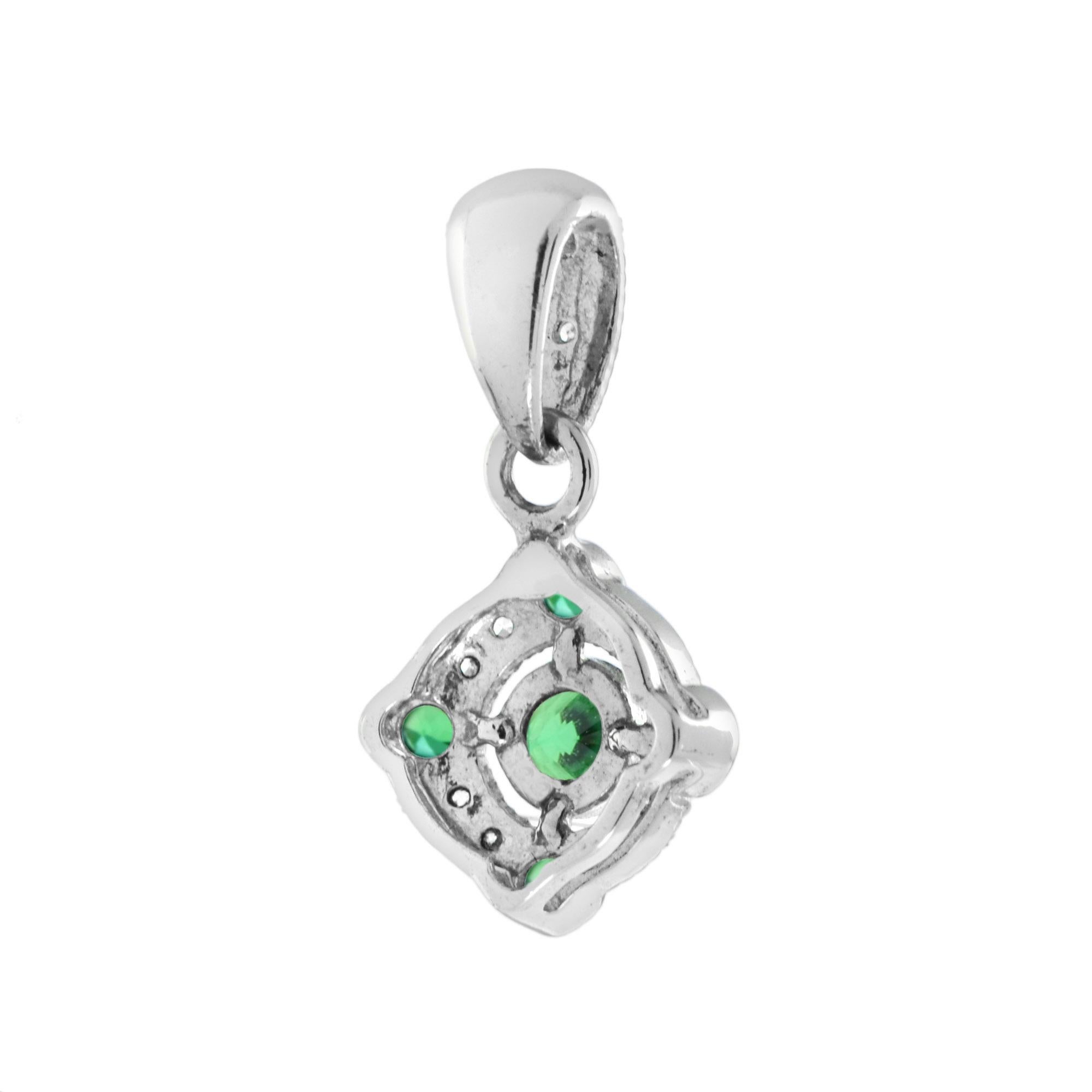 Emerald and Diamond Art Deco Style Pendant in 18K White Gold In New Condition For Sale In Bangkok, TH