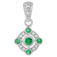 Emerald and Diamond Art Deco Style Pendant in 18K White Gold