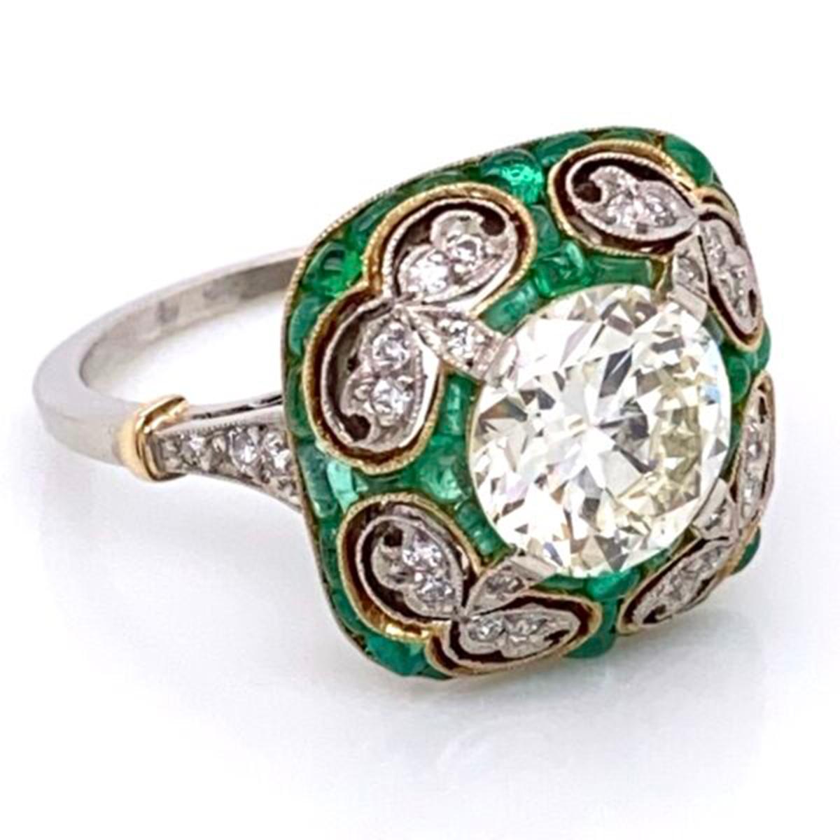 Emerald and Diamond Art Deco Style Platinum Engagement Ring Fine Estate Jewelry 1
