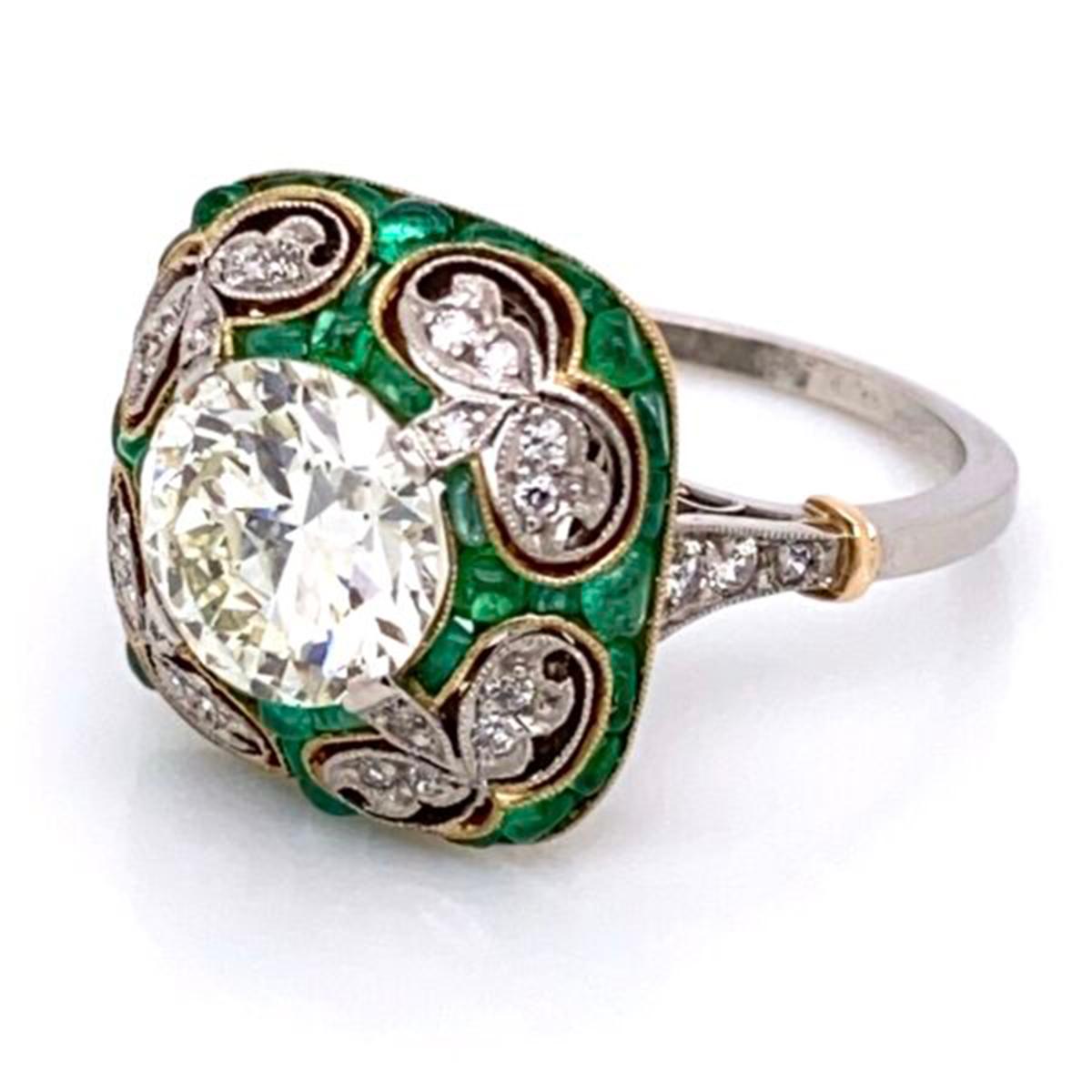 Emerald and Diamond Art Deco Style Platinum Engagement Ring Fine Estate Jewelry 3