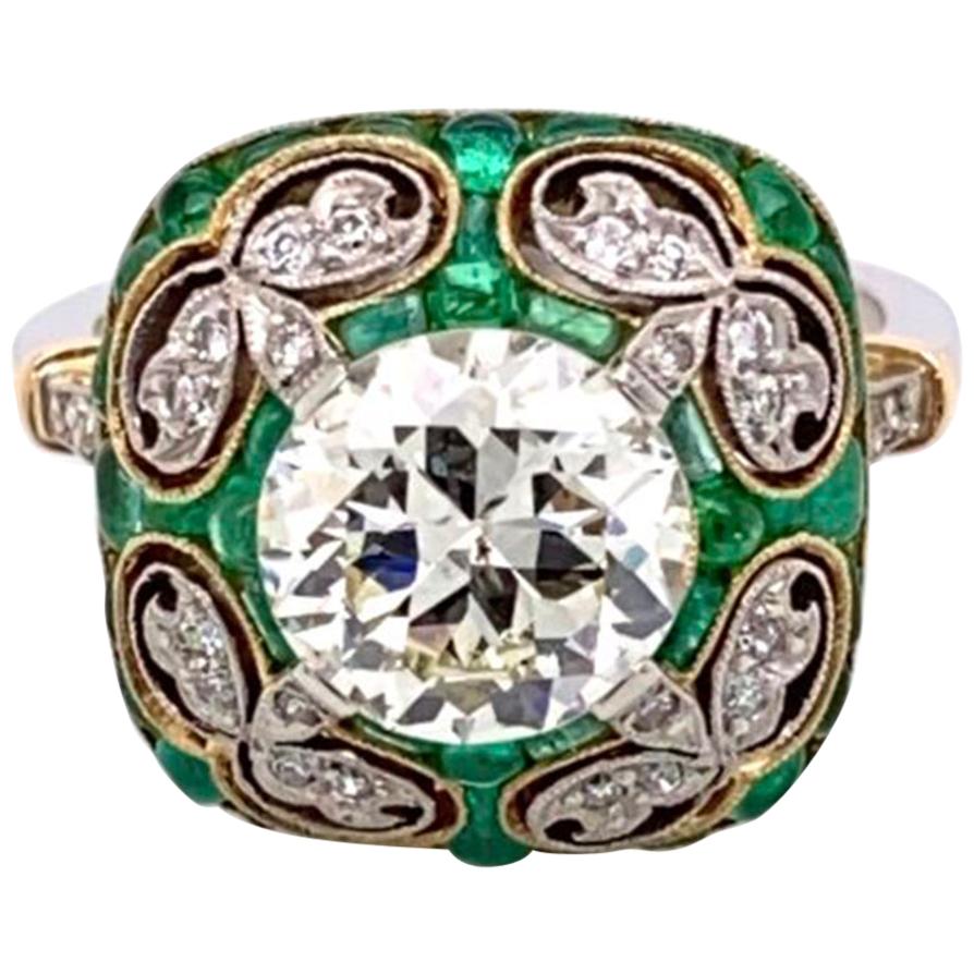 Emerald and Diamond Art Deco Style Platinum Engagement Ring Fine Estate Jewelry