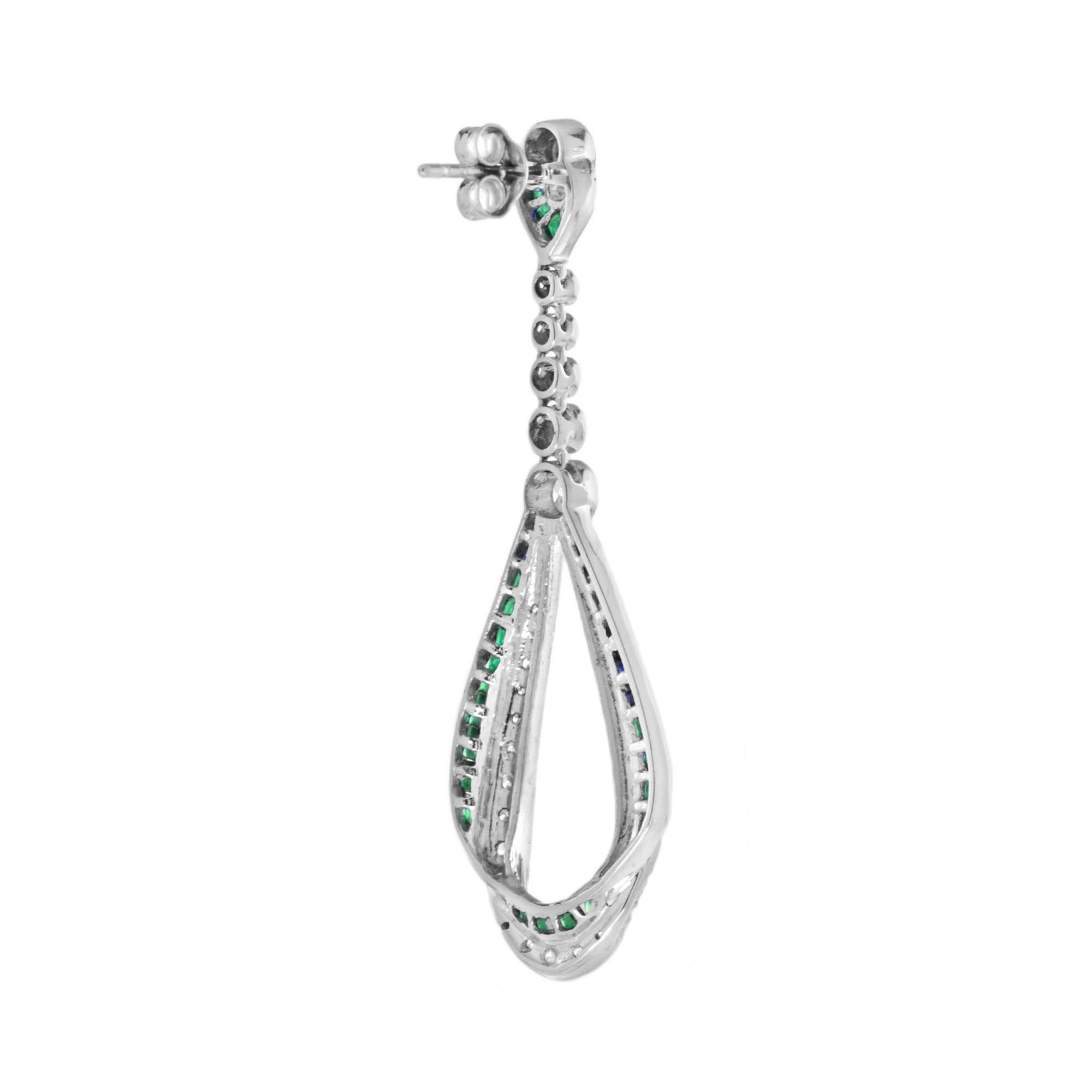 Emerald and Diamond Art Deco Style Ribbon Drop Earrings in 18K White Gold In New Condition For Sale In Bangkok, TH