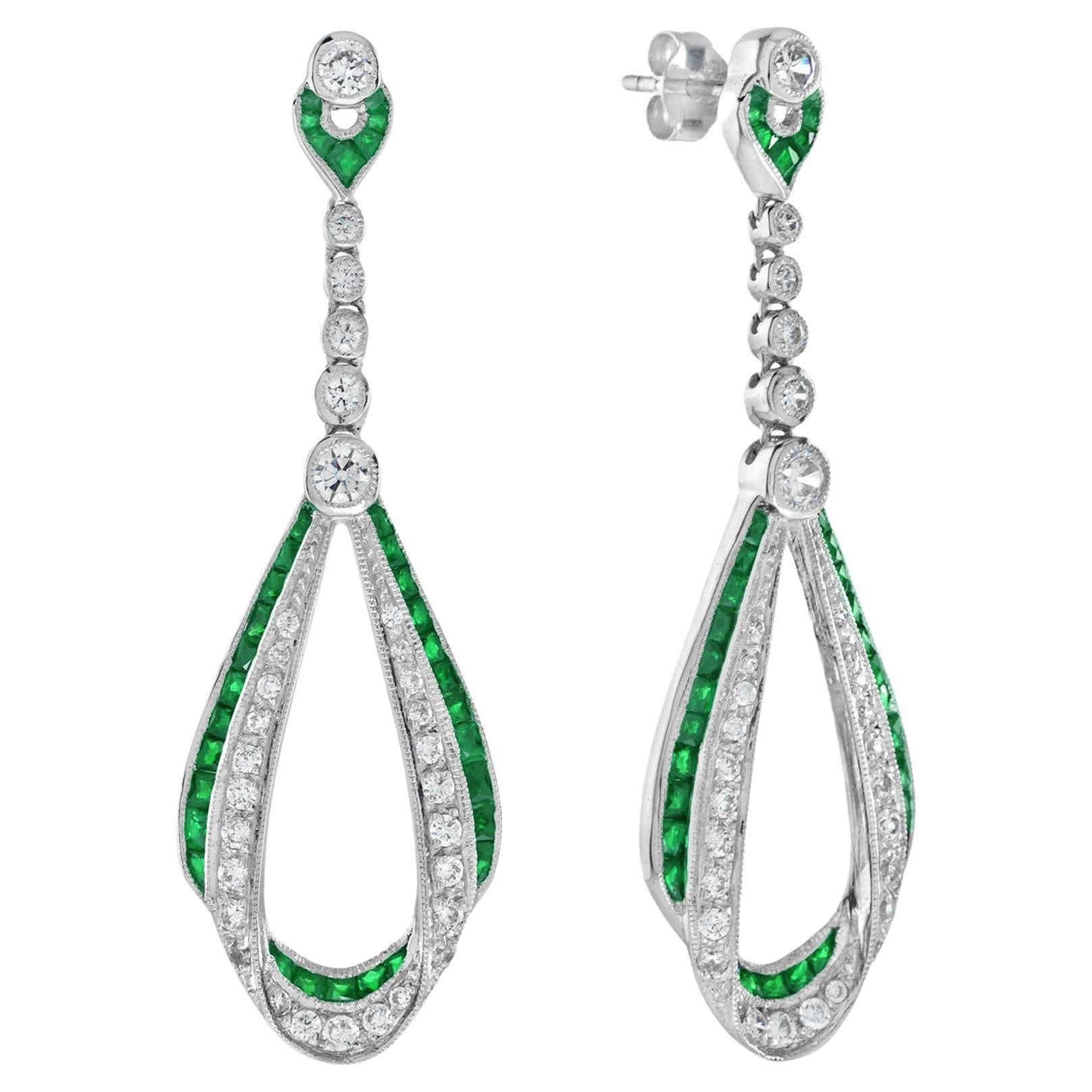 Emerald and Diamond Art Deco Style Ribbon Drop Earrings in 18K White Gold For Sale