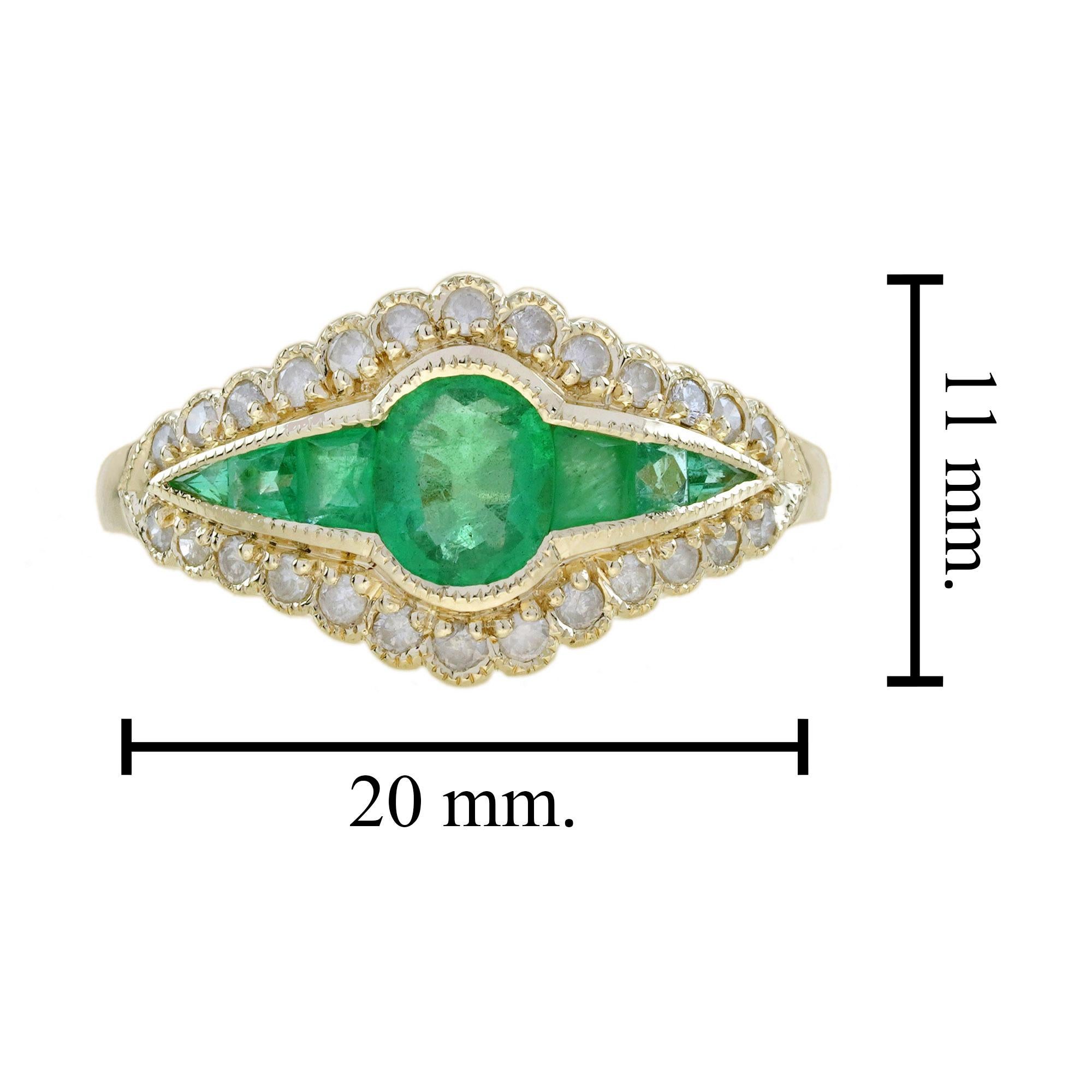Bague de style Art déco en or jaune 9K avec émeraudes et diamants en vente 7