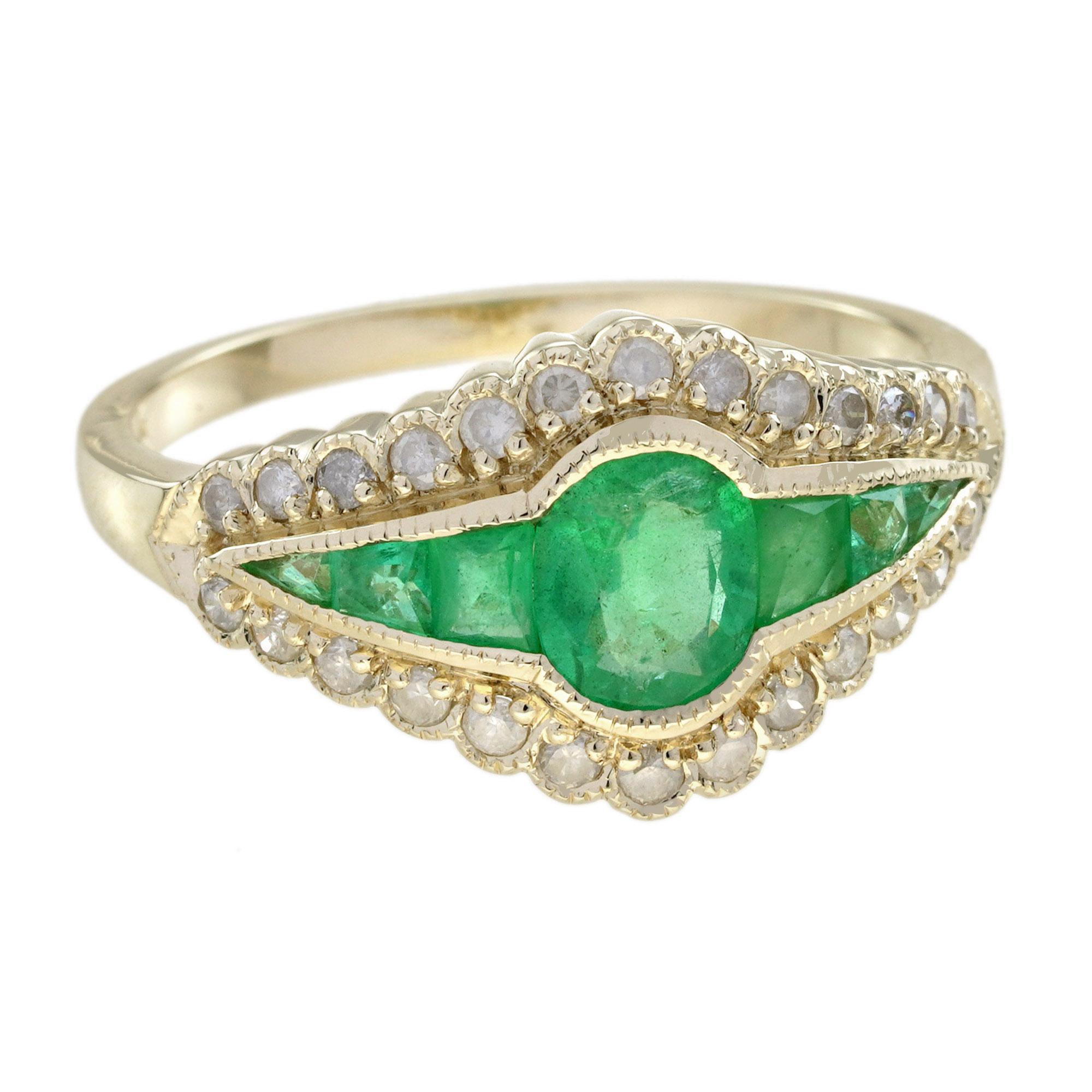 Anillo Estilo Art Decó con Esmeralda y Diamantes en Oro Amarillo de 9 K en venta 3