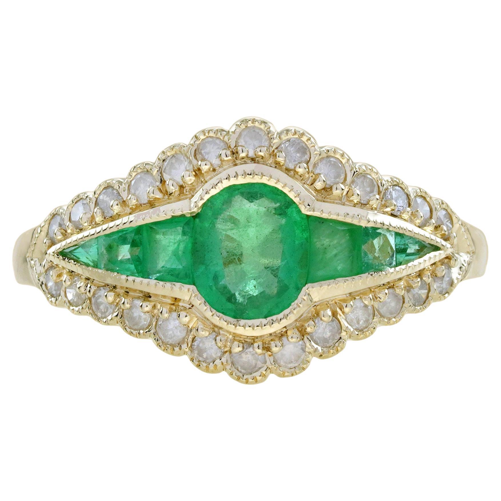 Bague de style Art déco en or jaune 9K avec émeraudes et diamants