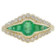 Emerald and Diamond Art Deco Style Ring in 9K Yellow Gold