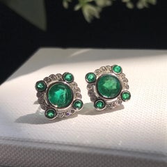 Emerald and Diamond Art Deco Style Stud Earrings in 18K White Gold