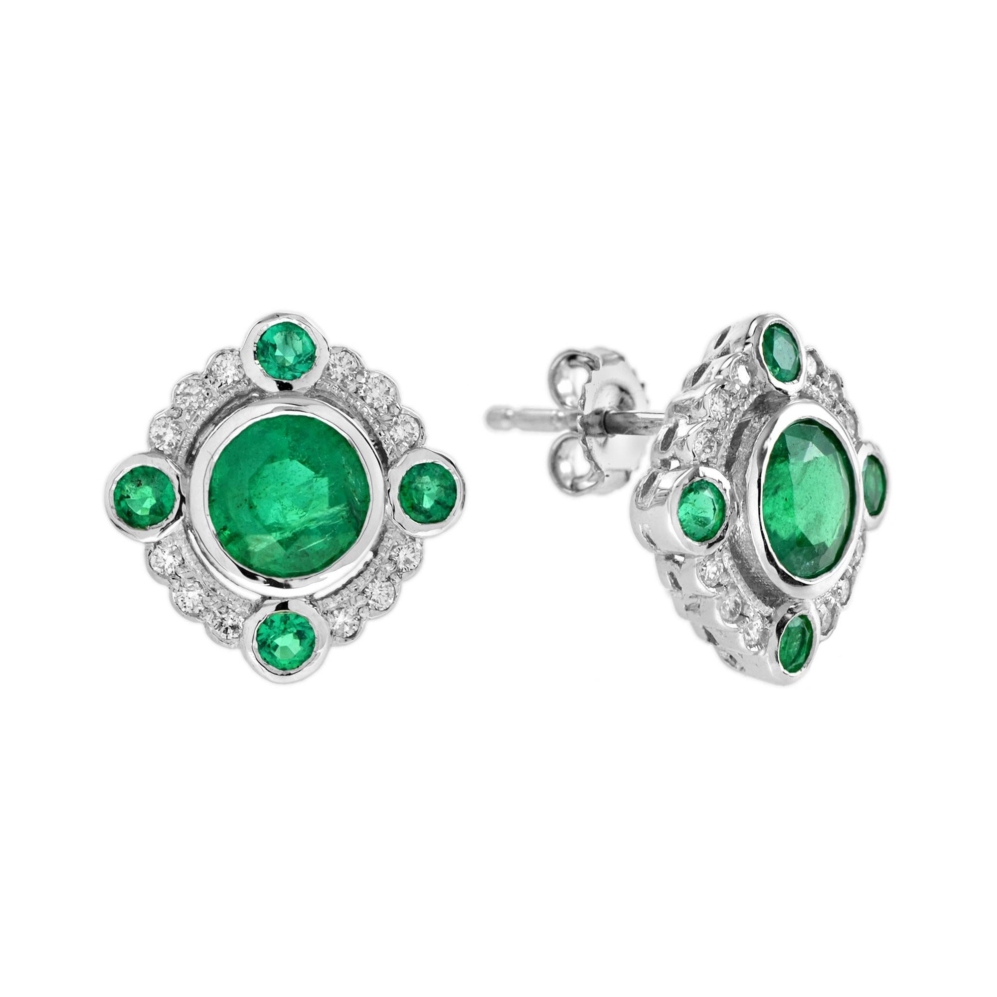 Emerald and Diamond Art Deco Style Stud Earrings in 18K White Gold
