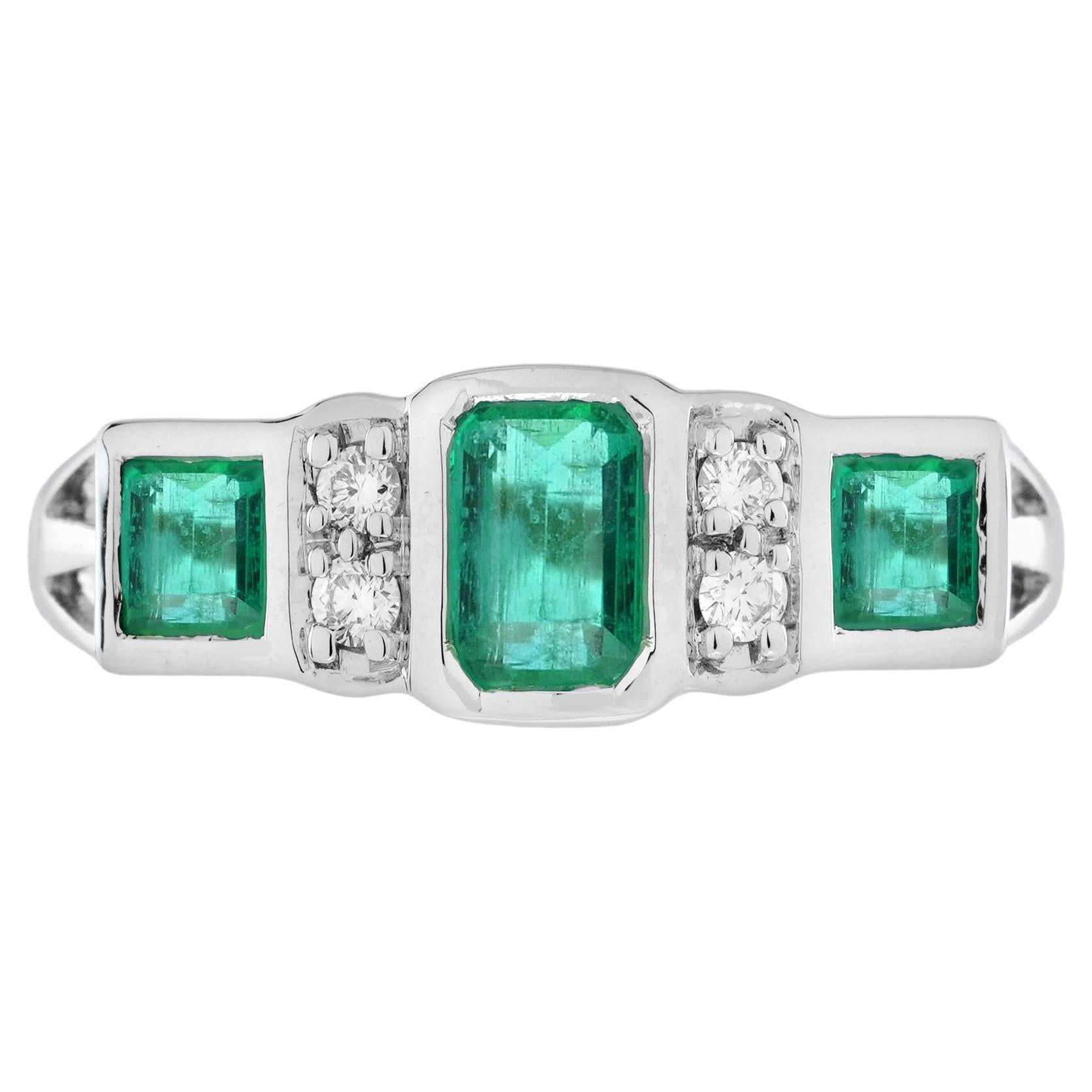 Emerald and Diamond Art Deco Style Three Stone Ring in 14K White Gold