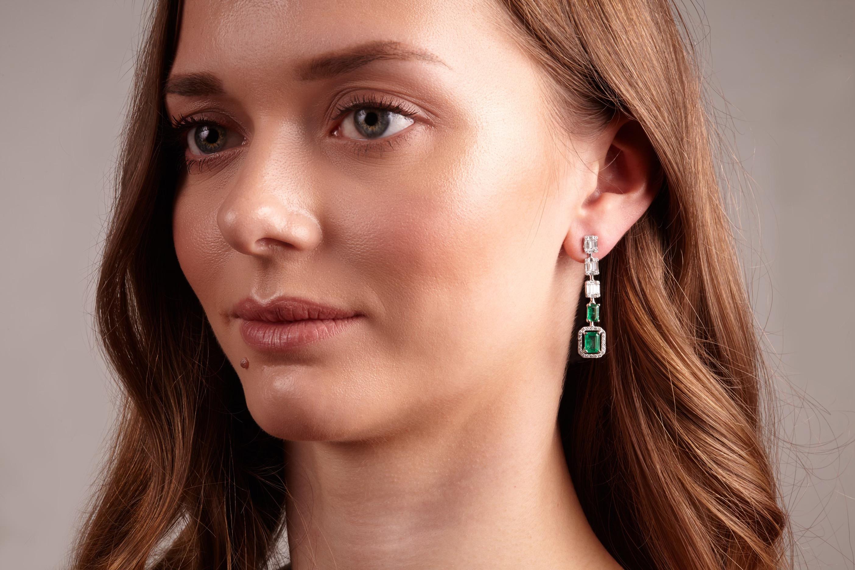 Emerald Cut Emerald and Diamond Ava Earrings  For Sale