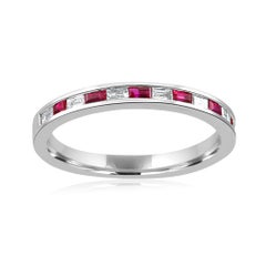 Emerald and Diamond Baguette 14K White Gold Fashion Stackable Band Ring