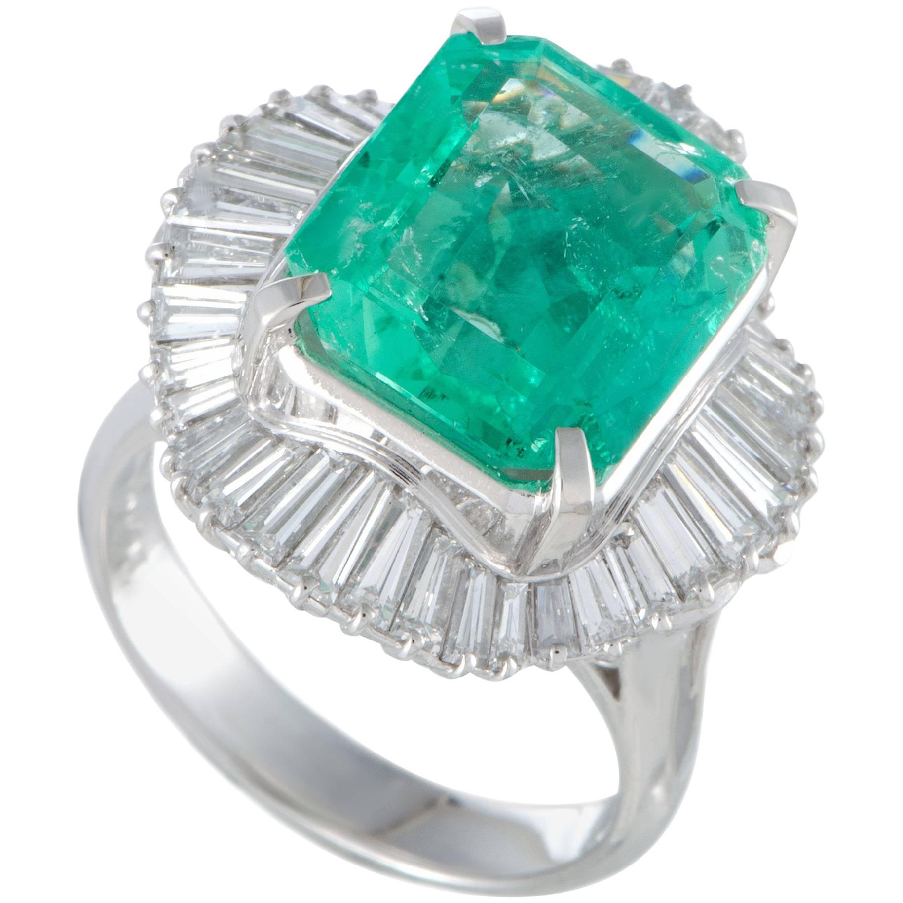 Emerald and Diamond Baguette Platinum Cocktail Ring
