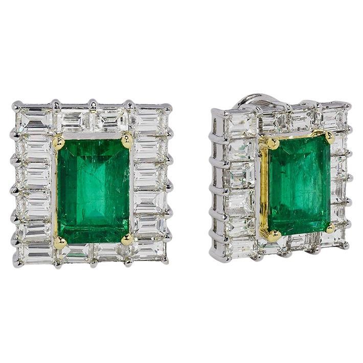 Emerald and Diamond Baguette Stud Earrings For Sale