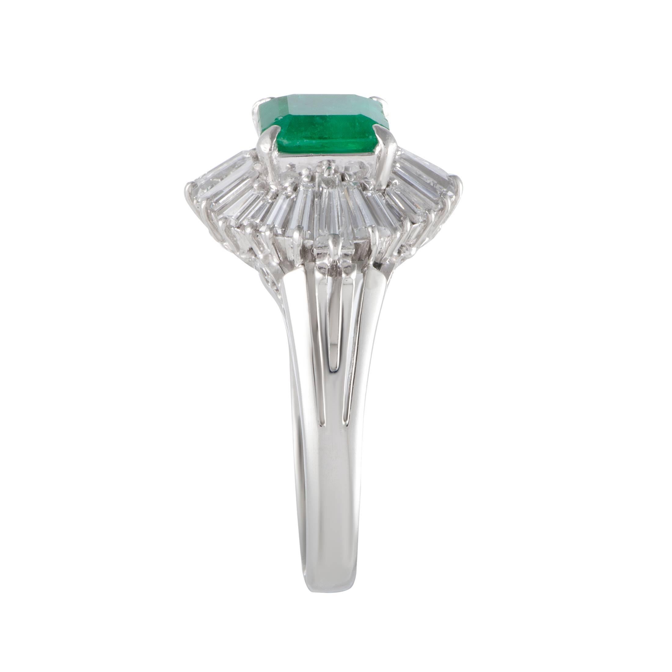 Princess Cut Emerald and Diamond Baguette Tapered Platinum Cocktail Ring