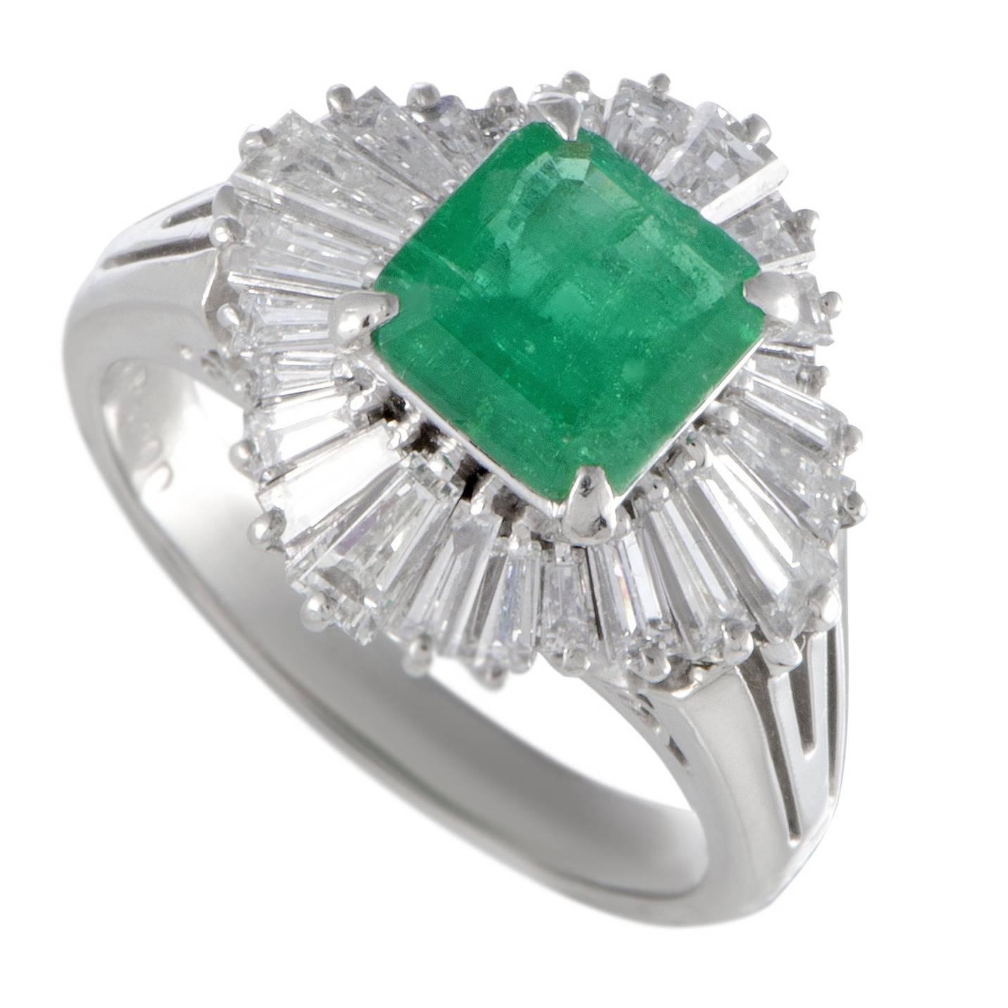 Emerald and Diamond Baguette Tapered Platinum Cocktail Ring