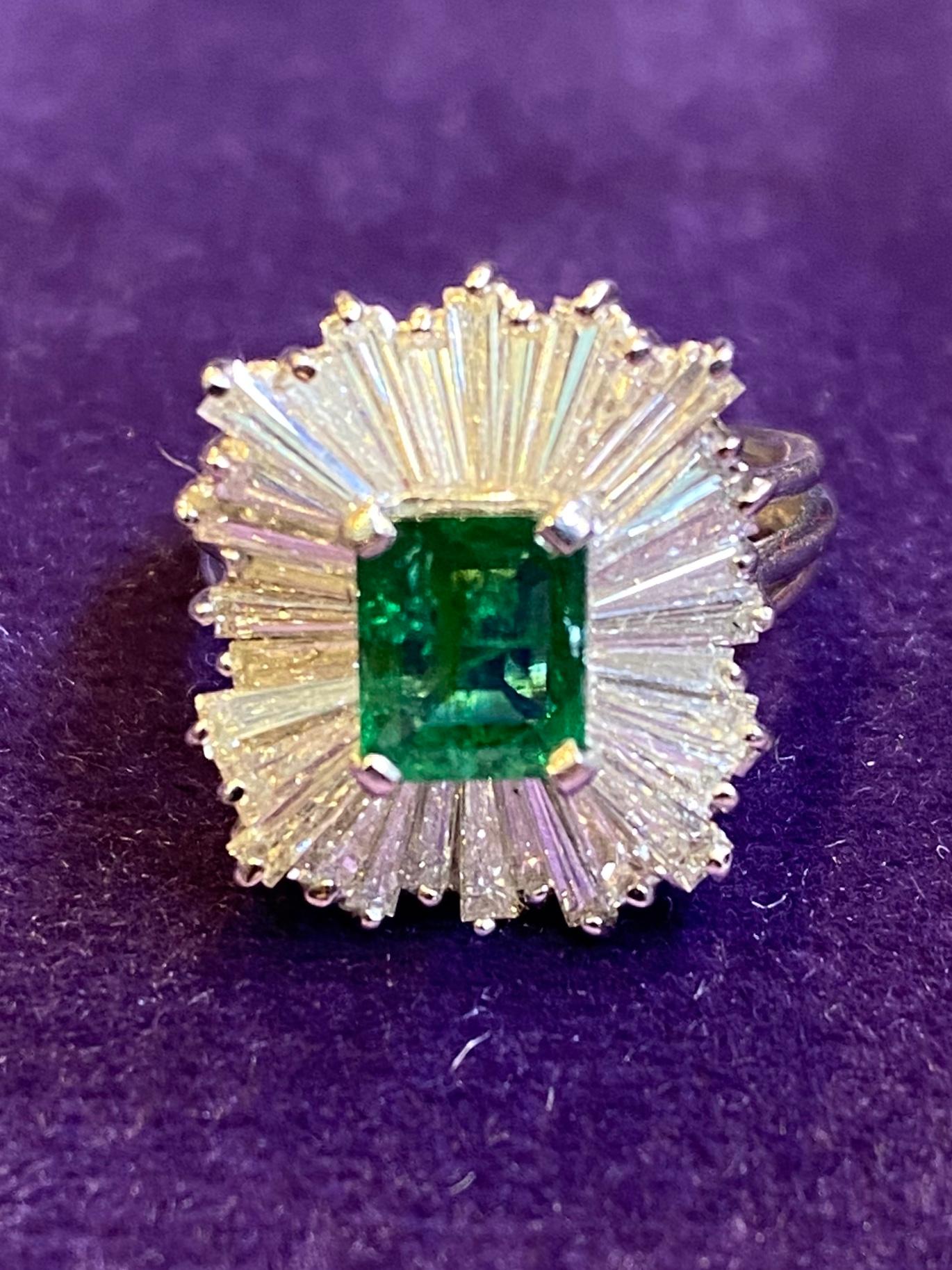 Baguette Cut Emerald and Diamond Ballerina Cocktail Ring For Sale