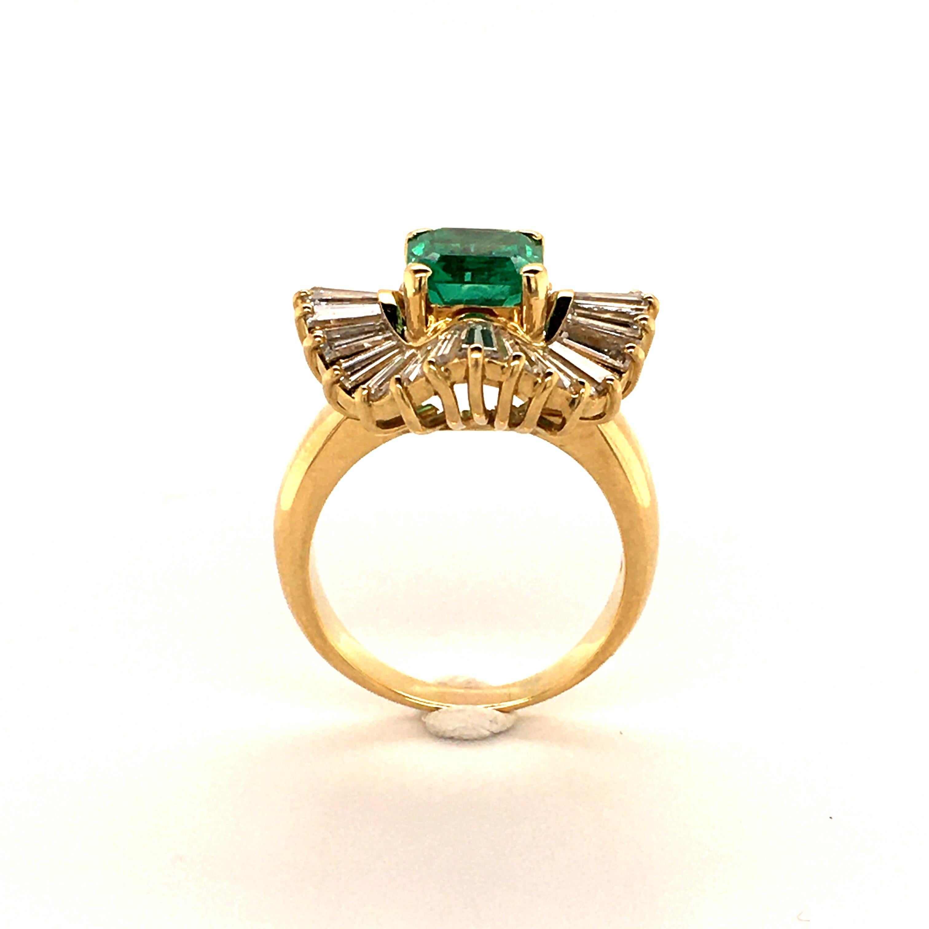 Octagon Cut Emerald and Diamond Ballerina Ring in 18 Karat Yellow Gold