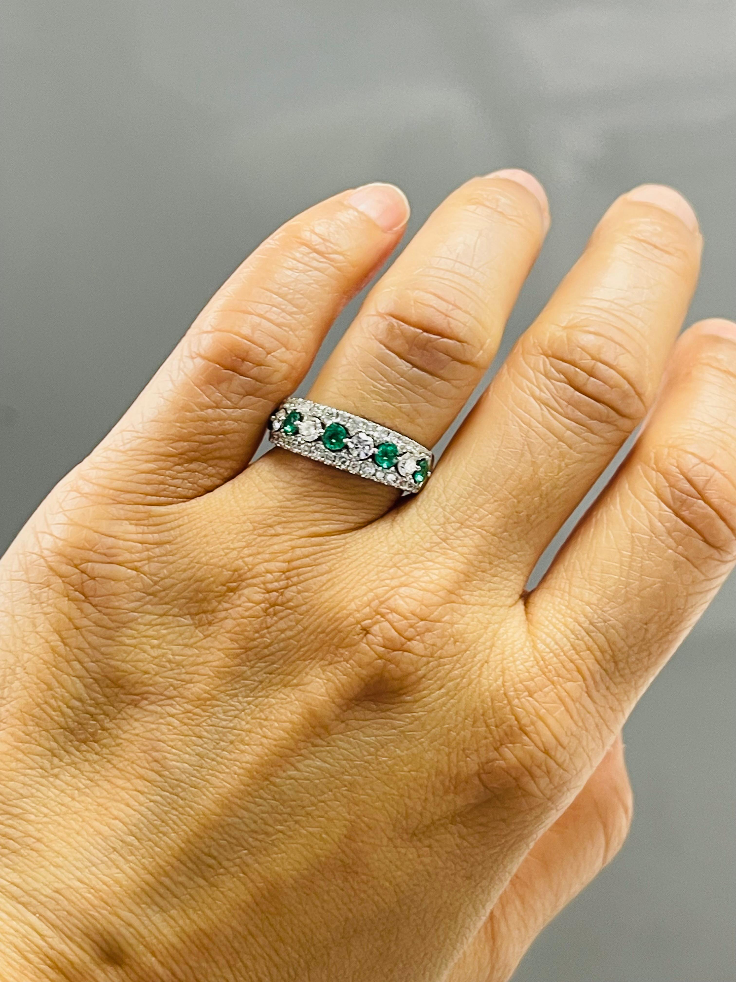 Emerald and Diamond Band Ring In 18 Karat White Gold. For Sale 4