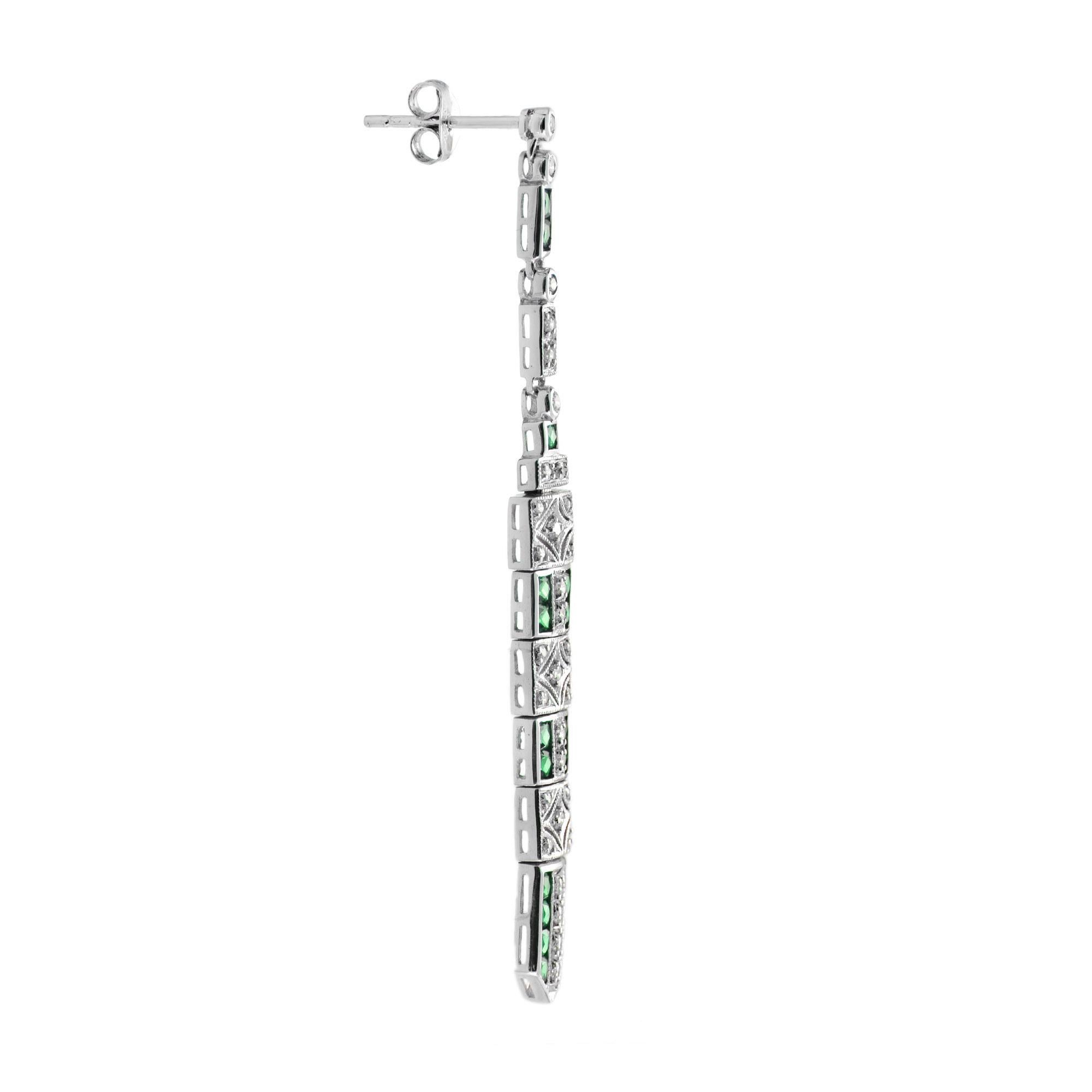 Art Deco Emerald and Diamond Bar Dangle Earrings in 14K White Gold For Sale