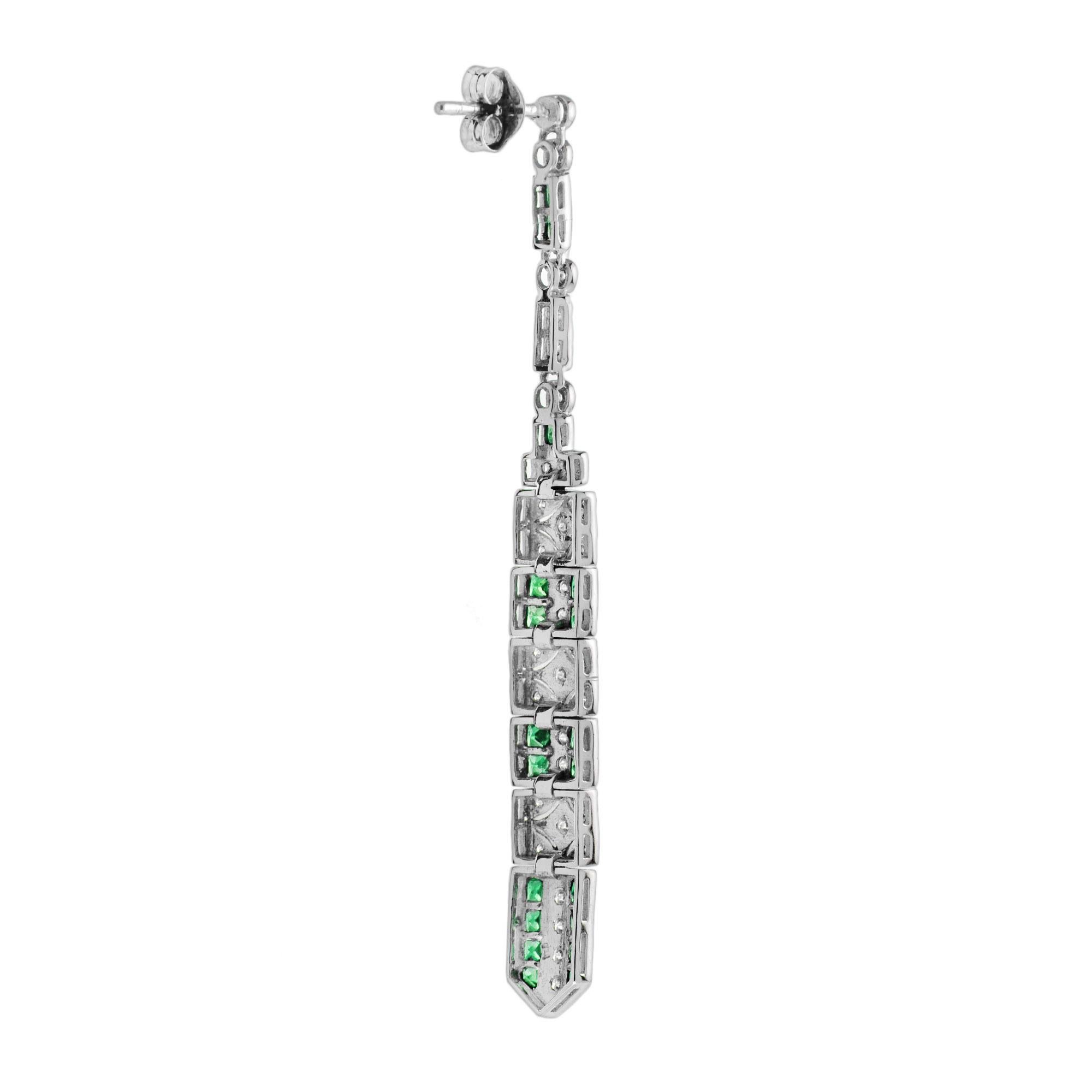 French Cut Emerald and Diamond Bar Dangle Earrings in 14K White Gold For Sale