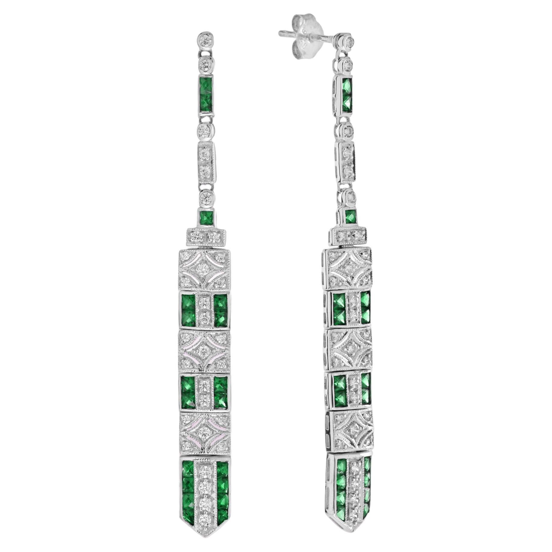 Emerald and Diamond Bar Dangle Earrings in 14K White Gold For Sale