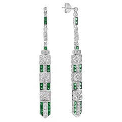 Emerald and Diamond Bar Dangle Earrings in 14K White Gold