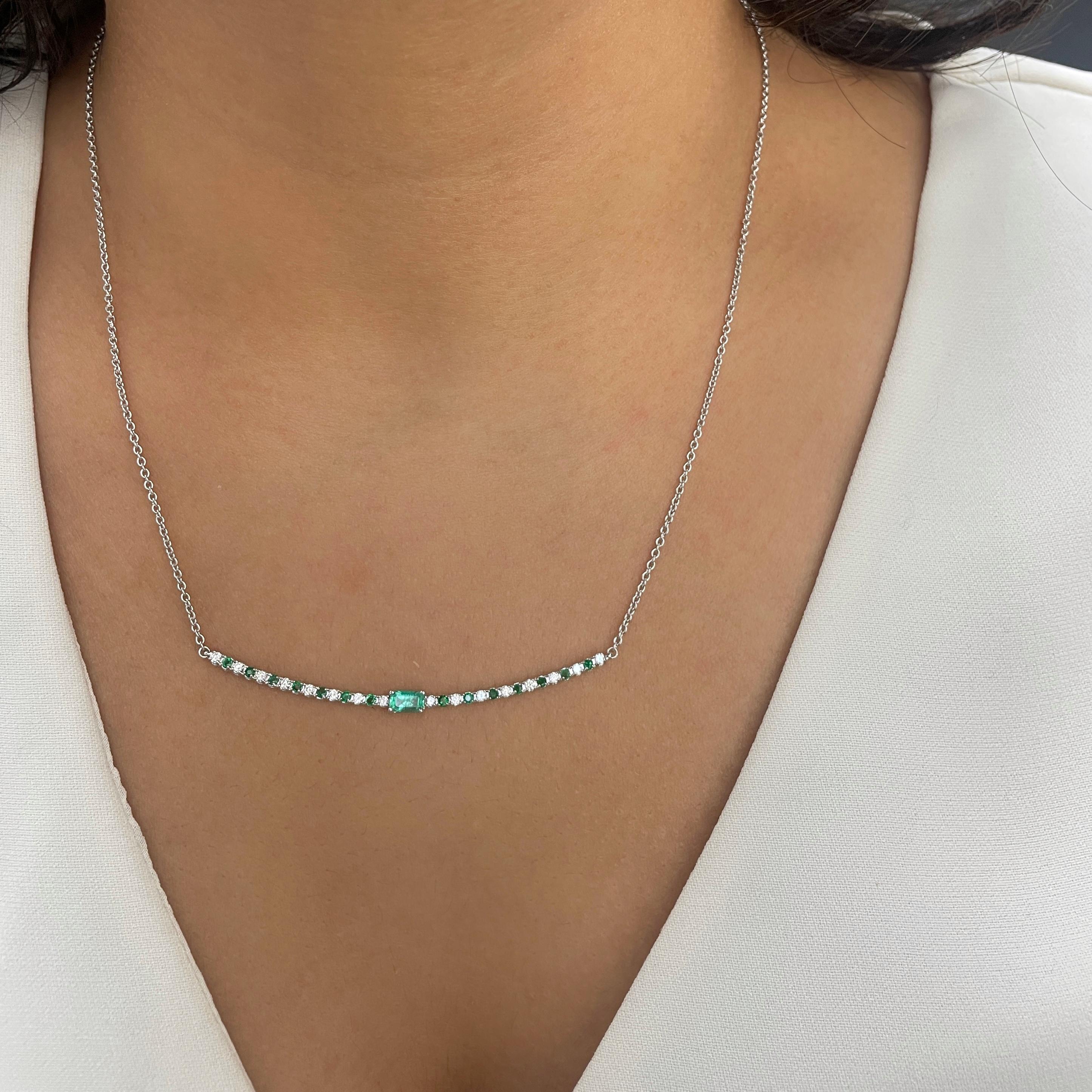 Contemporary Emerald and Diamond Bar Necklace in 14K White Gold For Sale