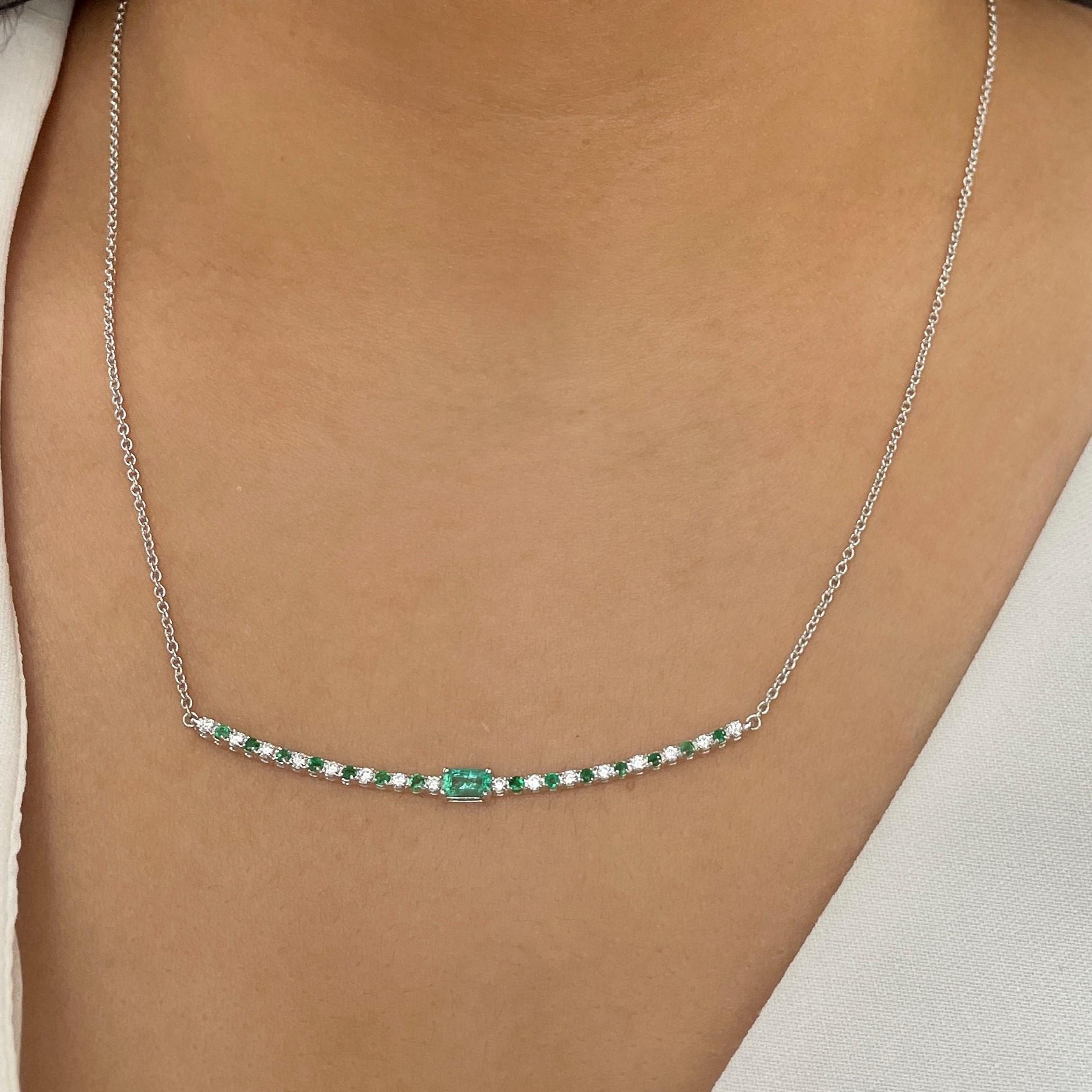 Emerald Cut Emerald and Diamond Bar Necklace in 14K White Gold For Sale