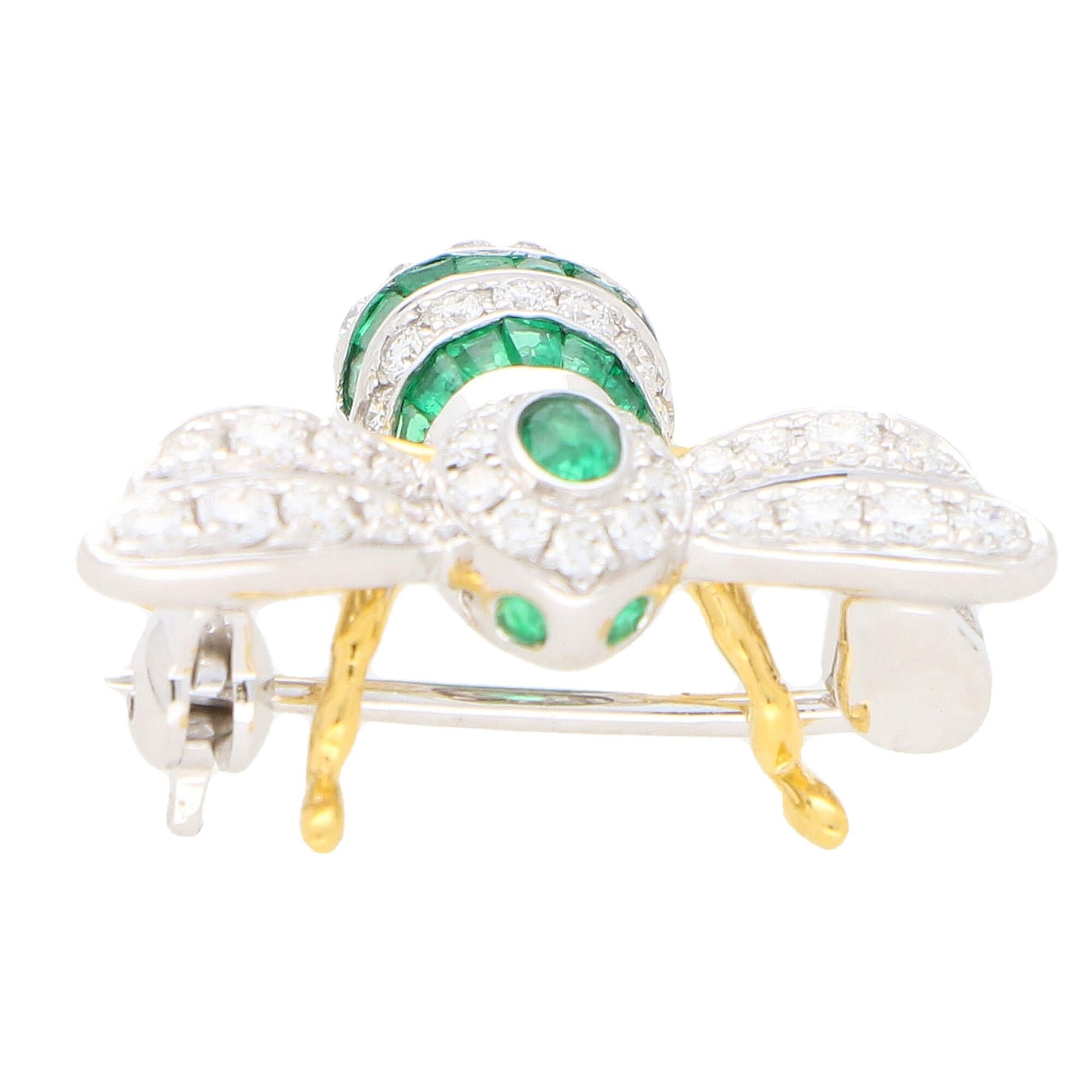 Modern Emerald and Diamond Bee Brooch Pin Set in 18k Yellow and White Gold For Sale