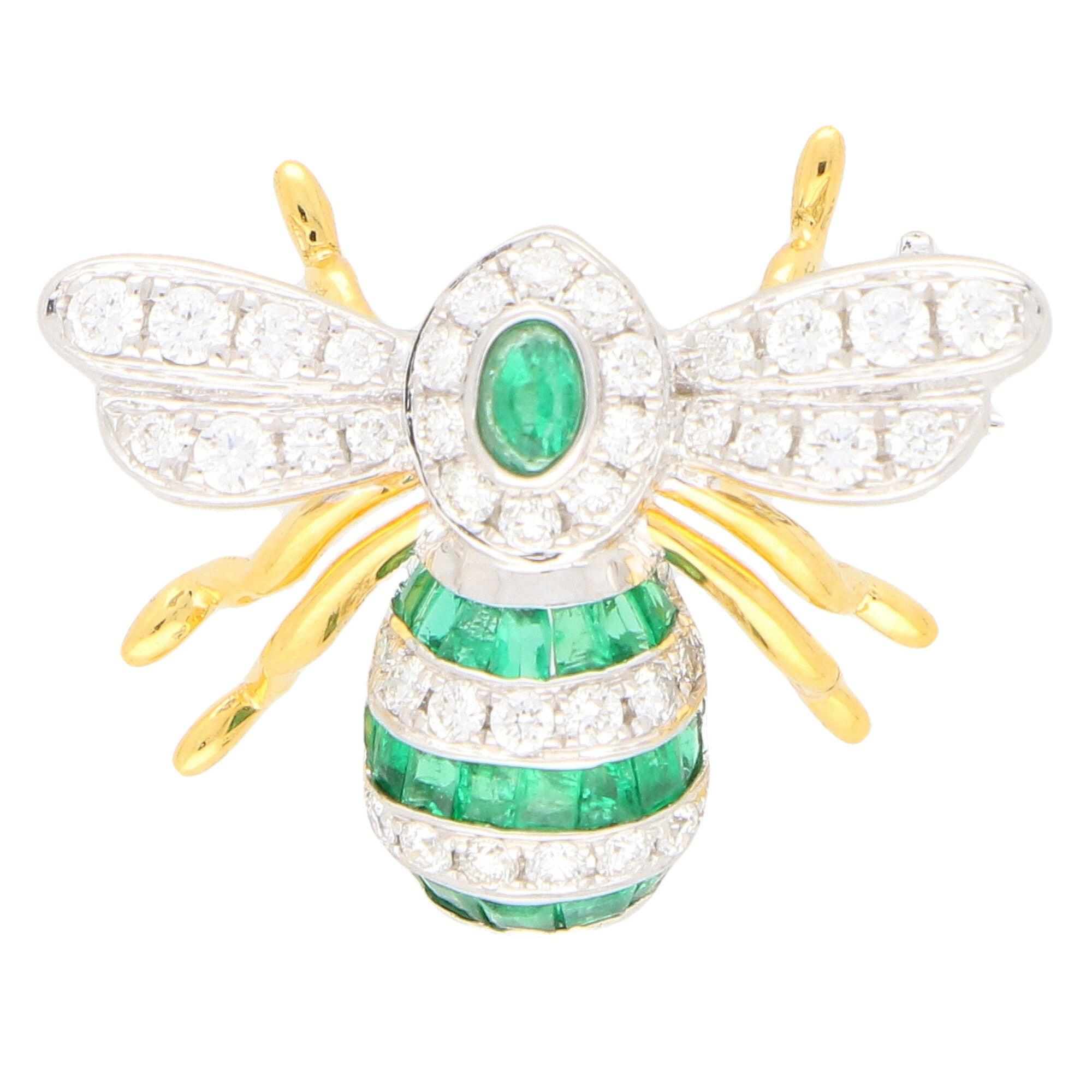 Emerald and Diamond Bee Brooch Pin Set in 18k Yellow and White Gold