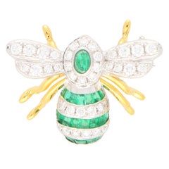 Emerald and Diamond Bee Brooch Pin Set in 18k Yellow and White Gold