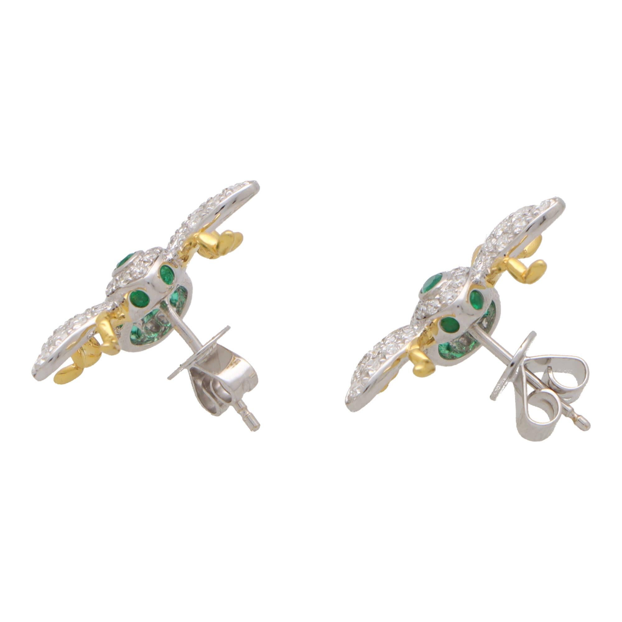 Modern Emerald and Diamond Bee Earrings Set in 18k White and Yellow Gold For Sale